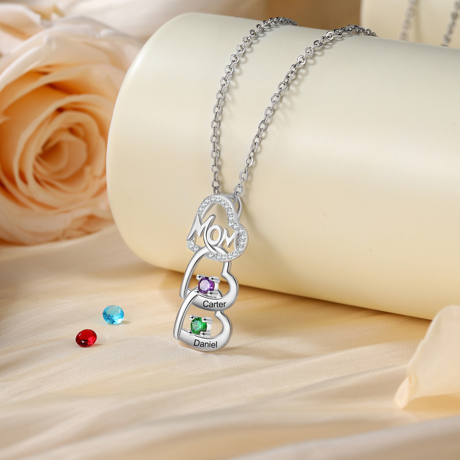 2 Names & 2 Birthstones Custom Mom Necklace with Birthstones & Names – Personalized Mother’s Day Jewelry Gift | Lorajewel