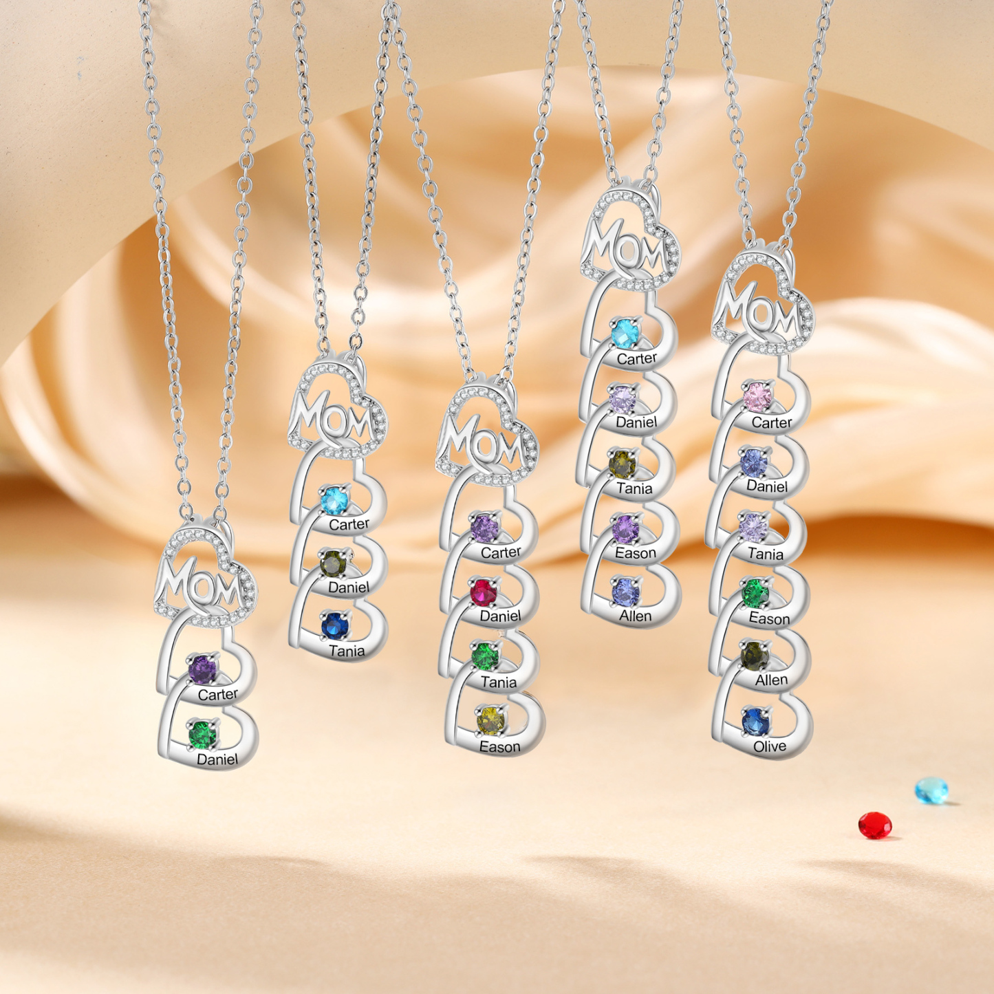 2 Names & 2 Birthstones Custom Mom Necklace with Birthstones & Names – Personalized Mother’s Day Jewelry Gift | Lorajewel