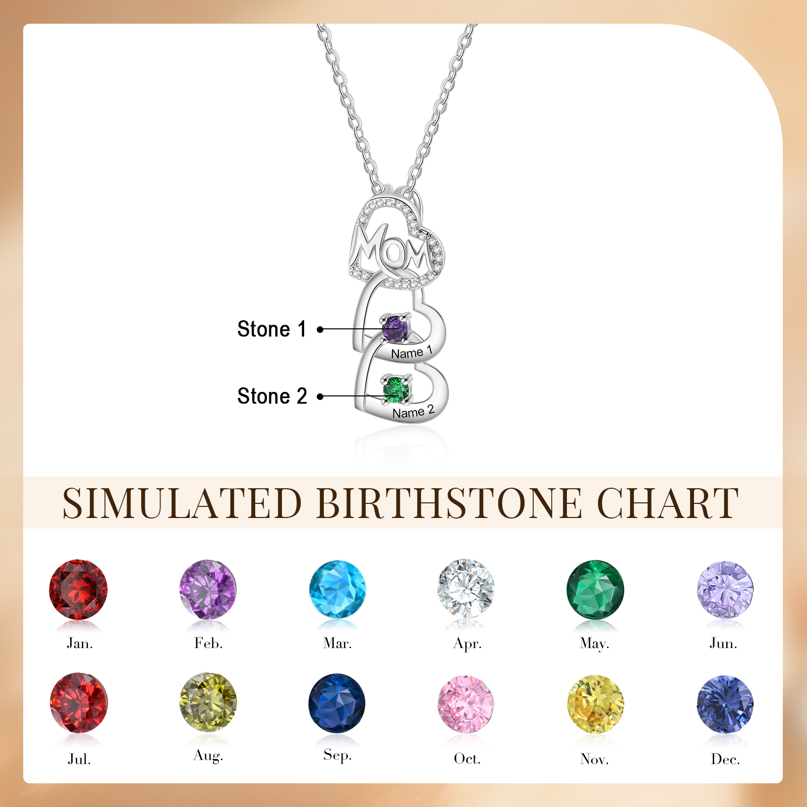 2 Names & 2 Birthstones Custom Mom Necklace with Birthstones & Names – Personalized Mother’s Day Jewelry Gift | Lorajewel