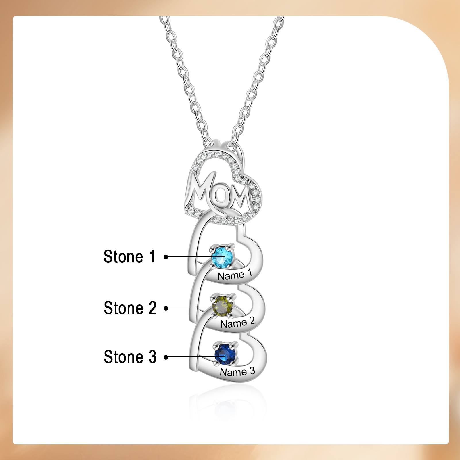 3 Names & 3 Birthstones Custom Mom Necklace with Birthstones & Names – Personalized Mother’s Day Jewelry Gift | Lorajewel