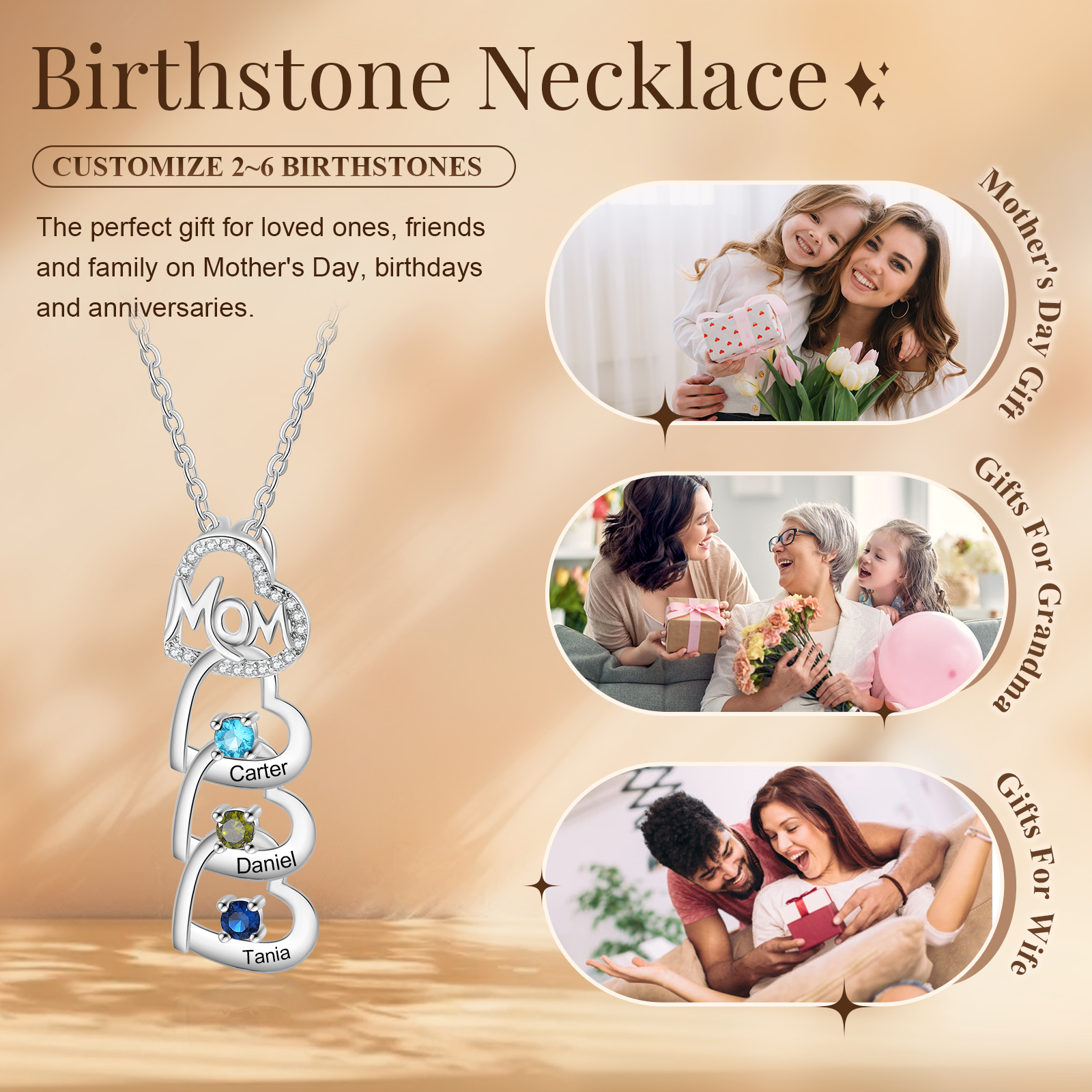 3 Names & 3 Birthstones Custom Mom Necklace with Birthstones & Names – Personalized Mother’s Day Jewelry Gift | Lorajewel