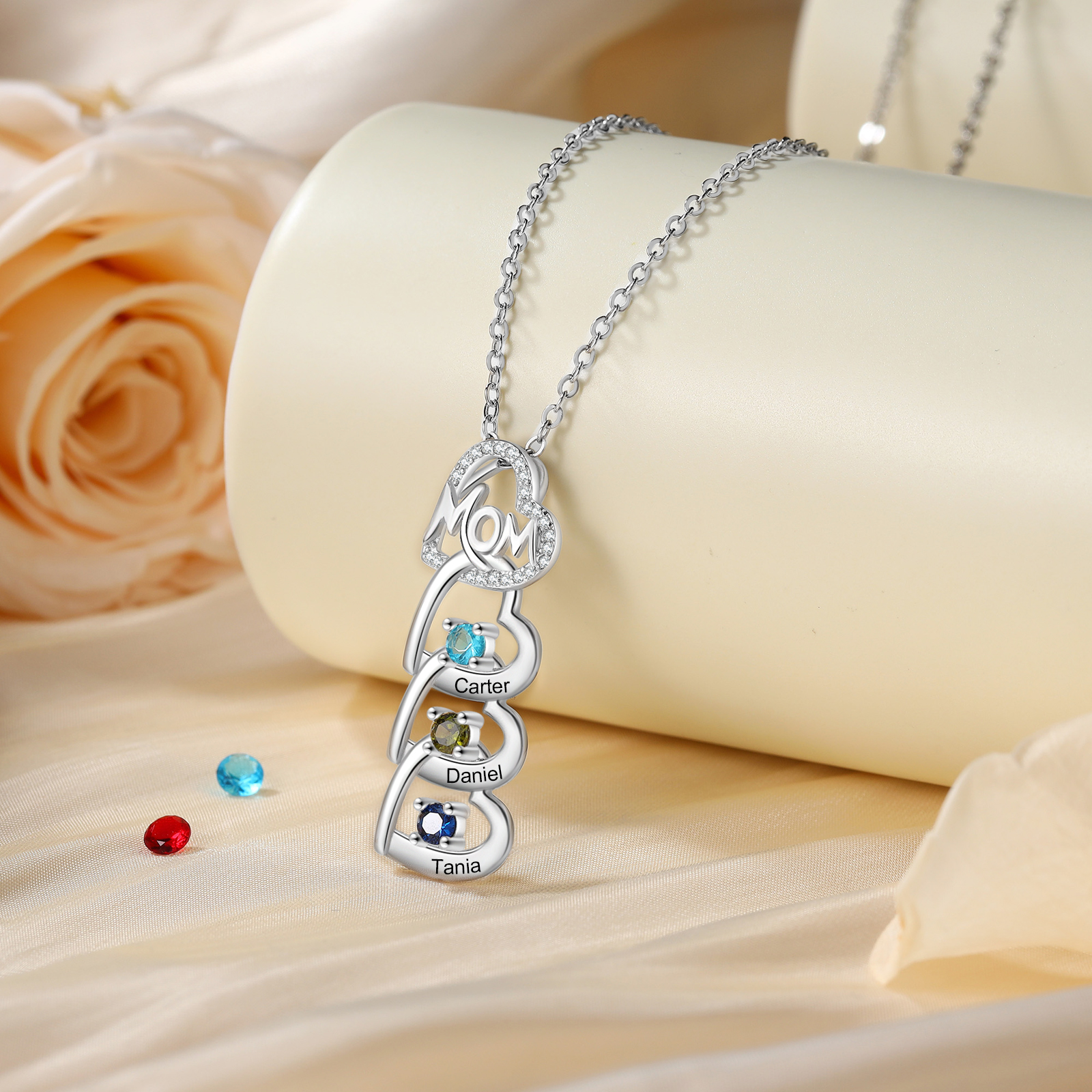 3 Names & 3 Birthstones Custom Mom Necklace with Birthstones & Names – Personalized Mother’s Day Jewelry Gift | Lorajewel