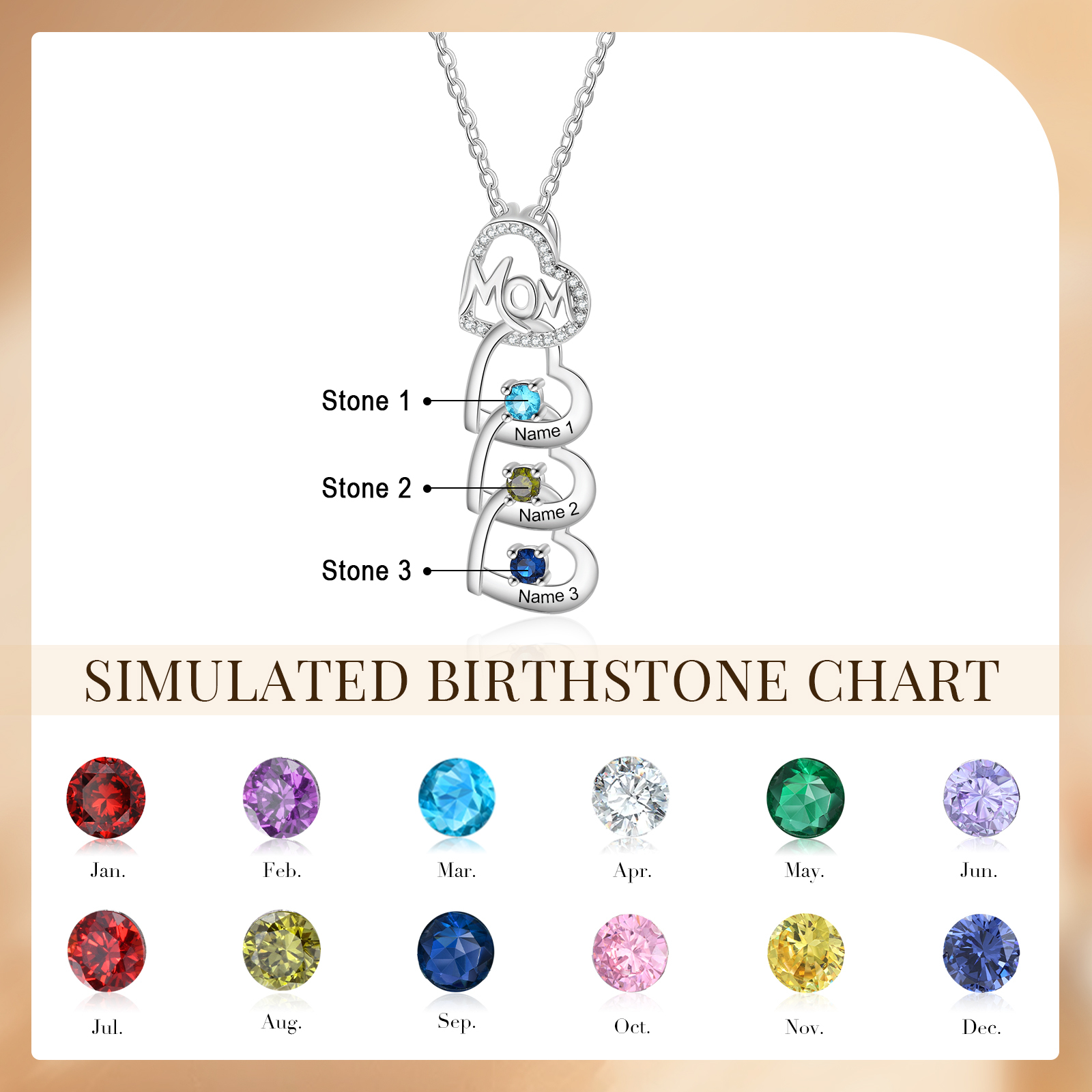 3 Names & 3 Birthstones Custom Mom Necklace with Birthstones & Names – Personalized Mother’s Day Jewelry Gift | Lorajewel
