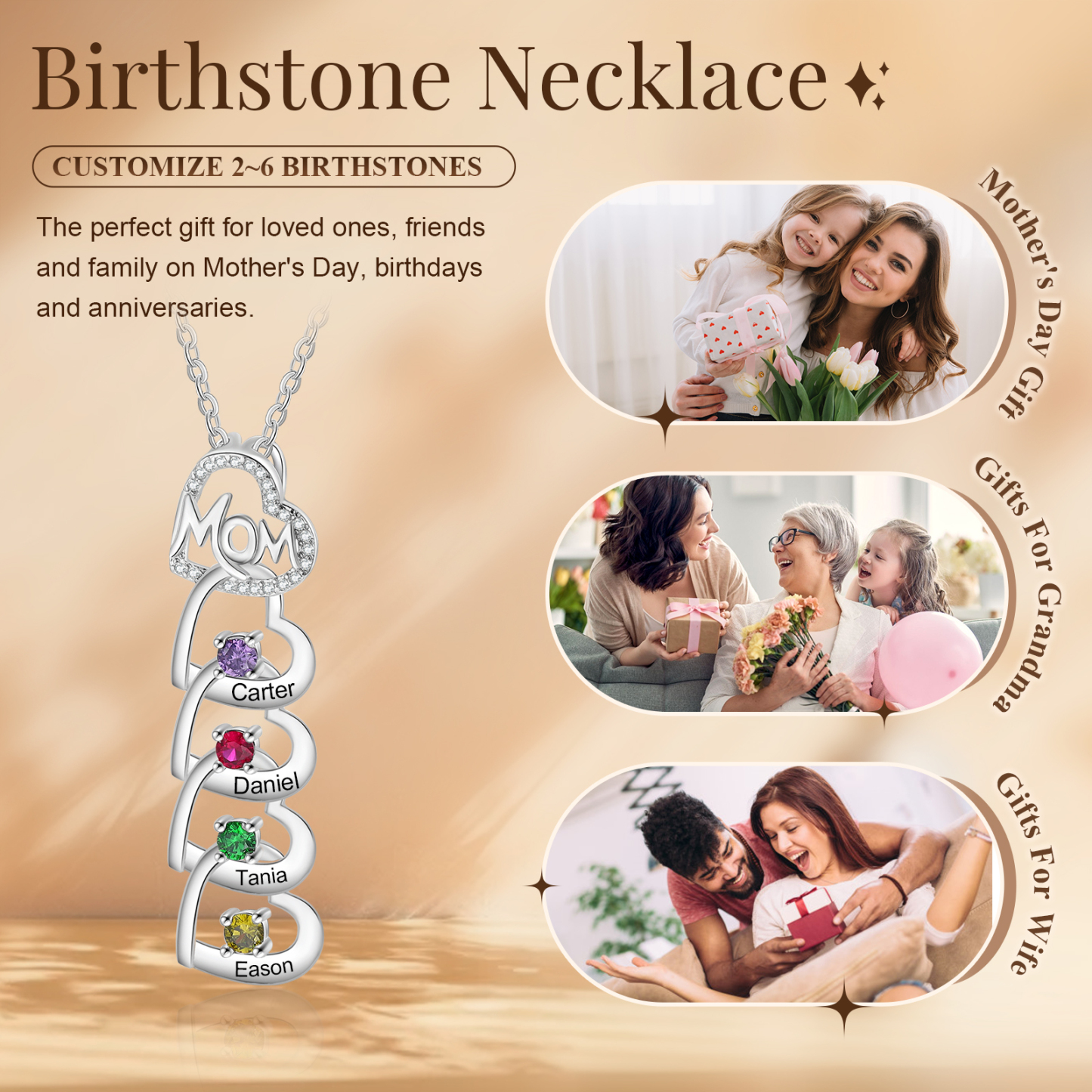 4 Names & 4 Birthstones Custom Mom Necklace with Birthstones & Names – Personalized Mother’s Day Jewelry Gift | Lorajewel