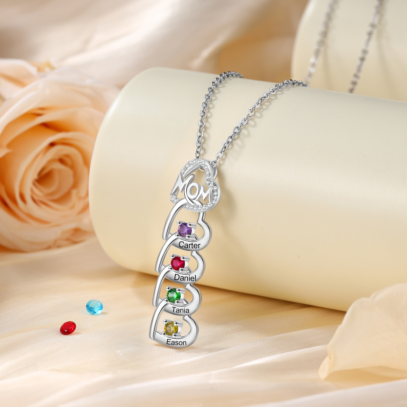 4 Names & 4 Birthstones Custom Mom Necklace with Birthstones & Names – Personalized Mother’s Day Jewelry Gift | Lorajewel
