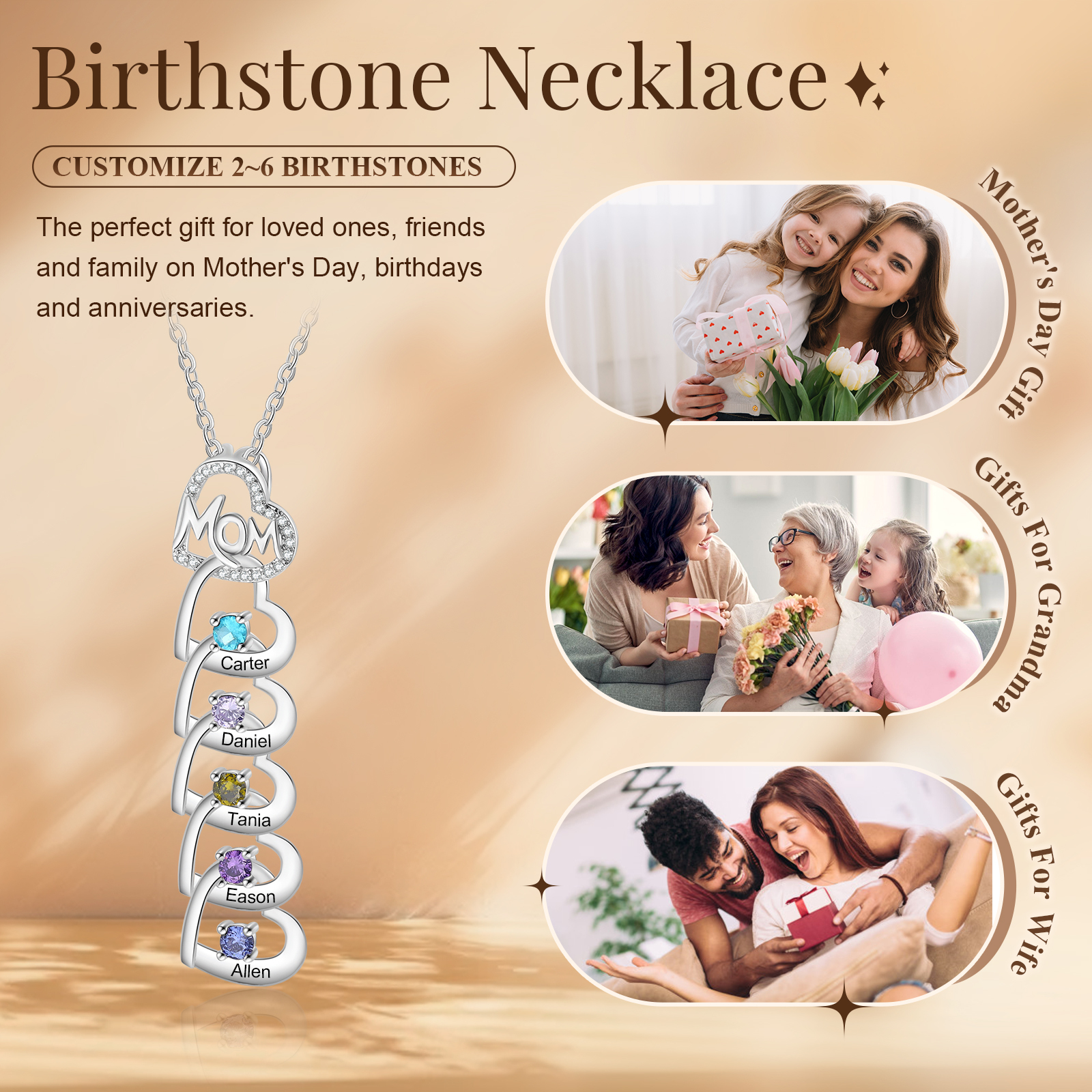 5 Names & 5 Birthstones Custom Mom Necklace with Birthstones & Names – Personalized Mother’s Day Jewelry Gift | Lorajewel