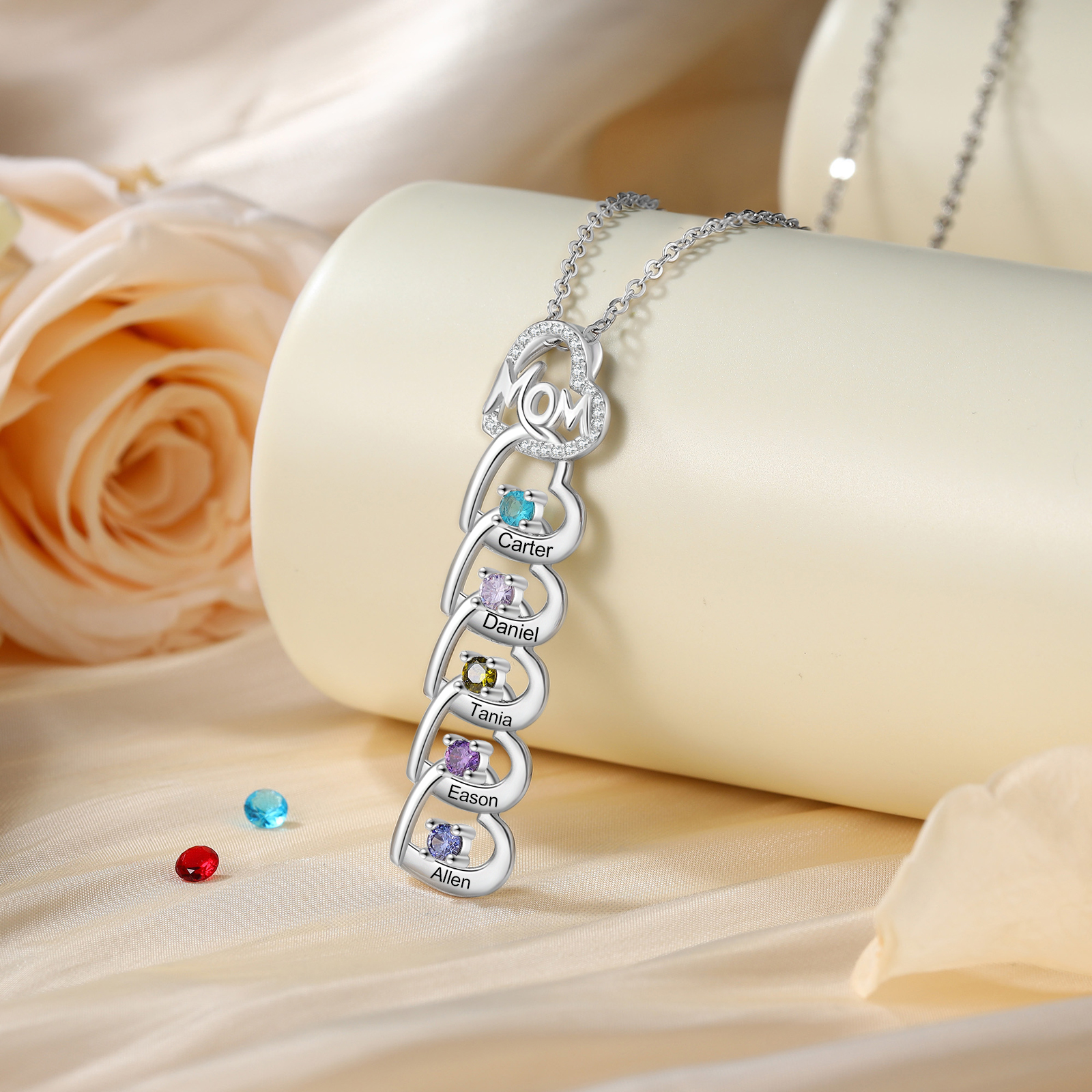 5 Names & 5 Birthstones Custom Mom Necklace with Birthstones & Names – Personalized Mother’s Day Jewelry Gift | Lorajewel