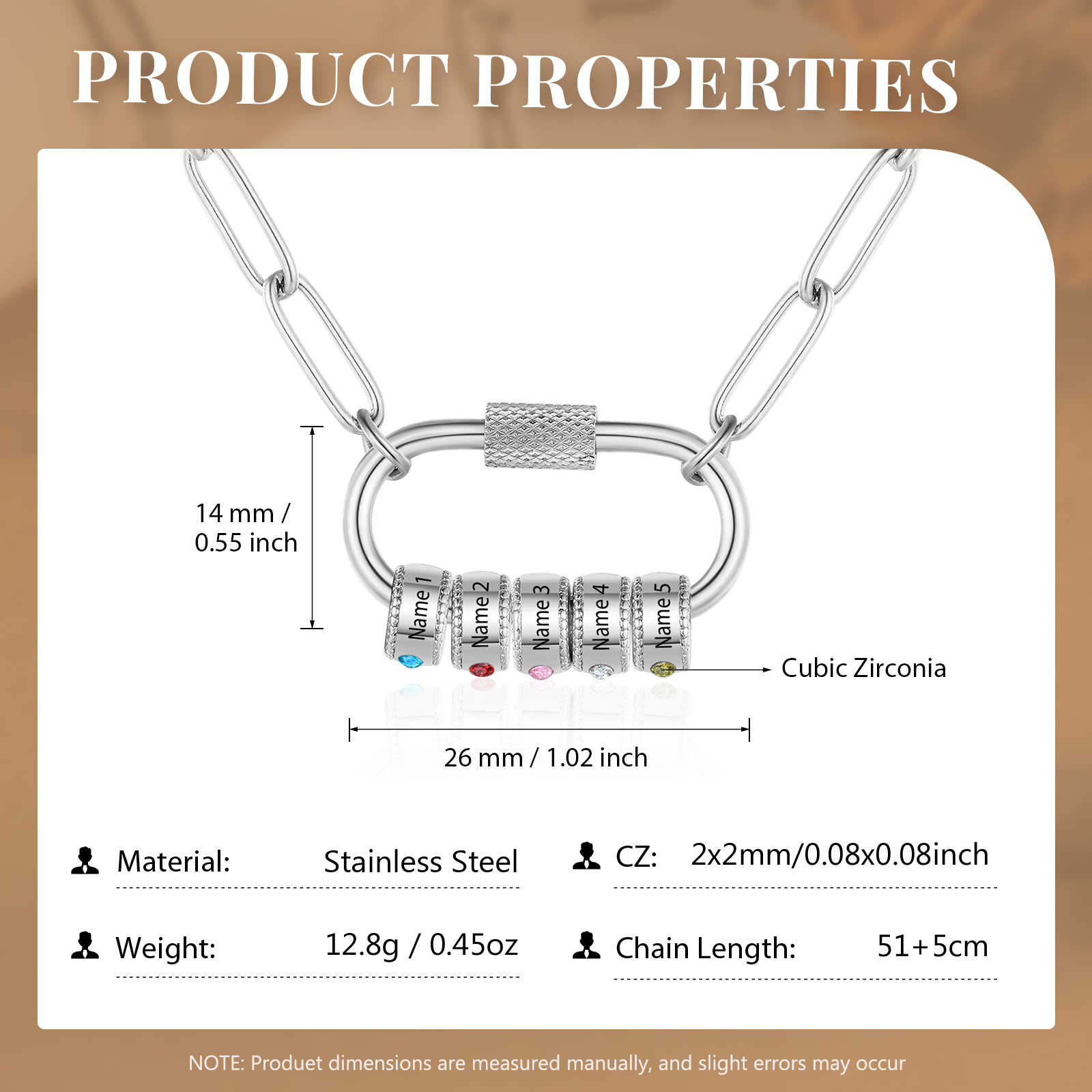 5 Names Personalized Birthstone Name Necklace – Custom Stainless Steel Chain with 5 Engraved Beads, Gold or Silver | Lorajewel