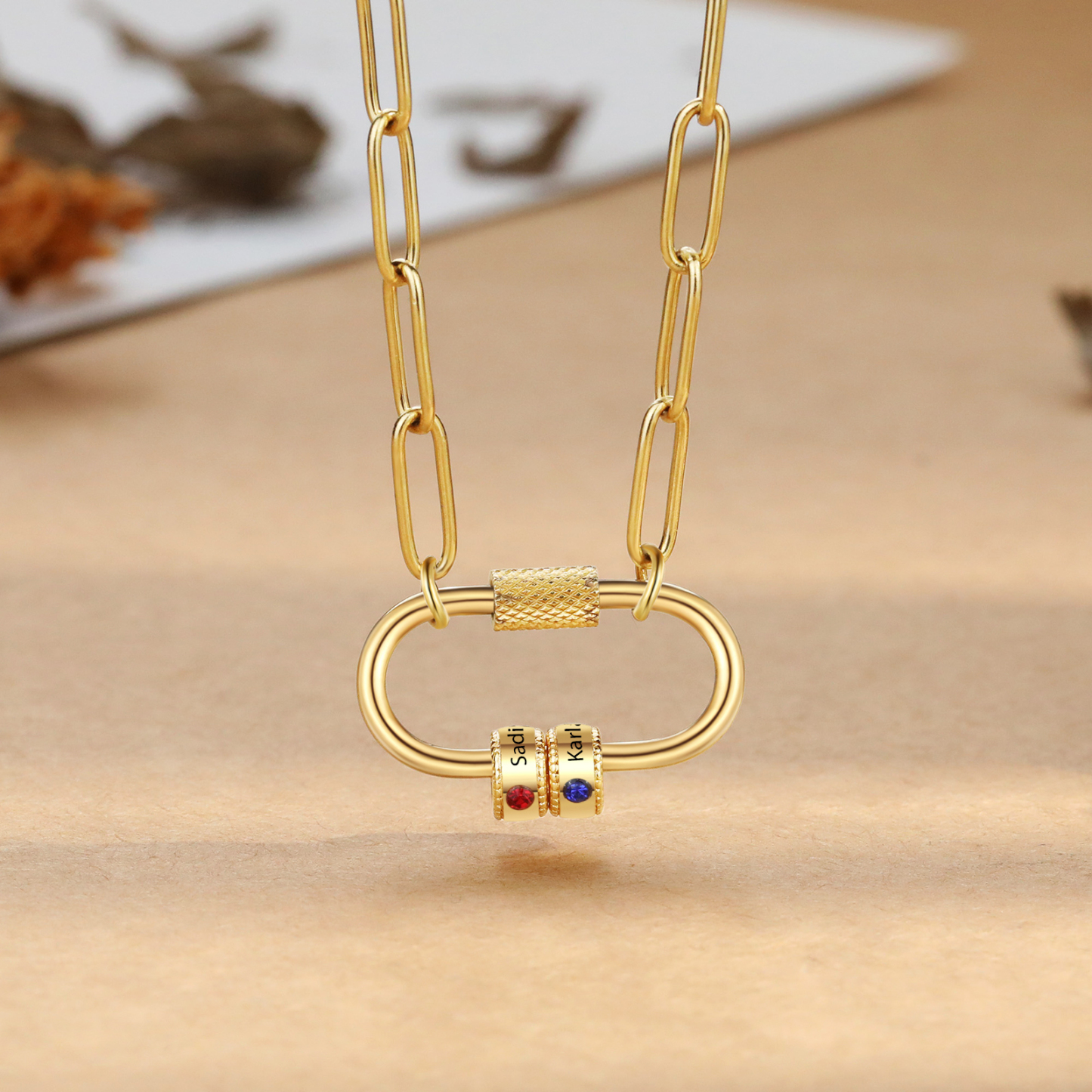 2 Names Personalized Birthstone Name Necklace – Custom Stainless Steel Chain with 2 Engraved Beads, Gold or Silver | Lorajewel