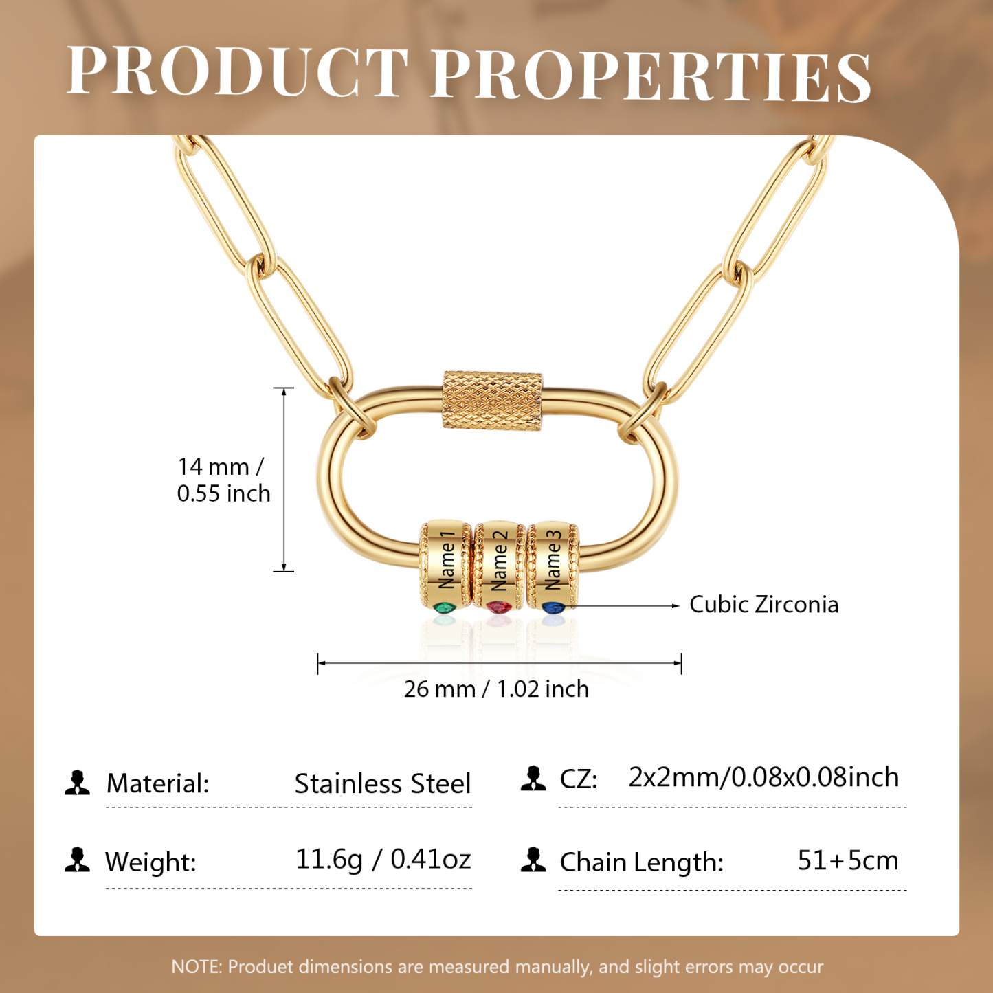 3 Names Personalized Birthstone Name Necklace – Custom Stainless Steel Chain with 3 Engraved Beads, Gold or Silver | Lorajewel