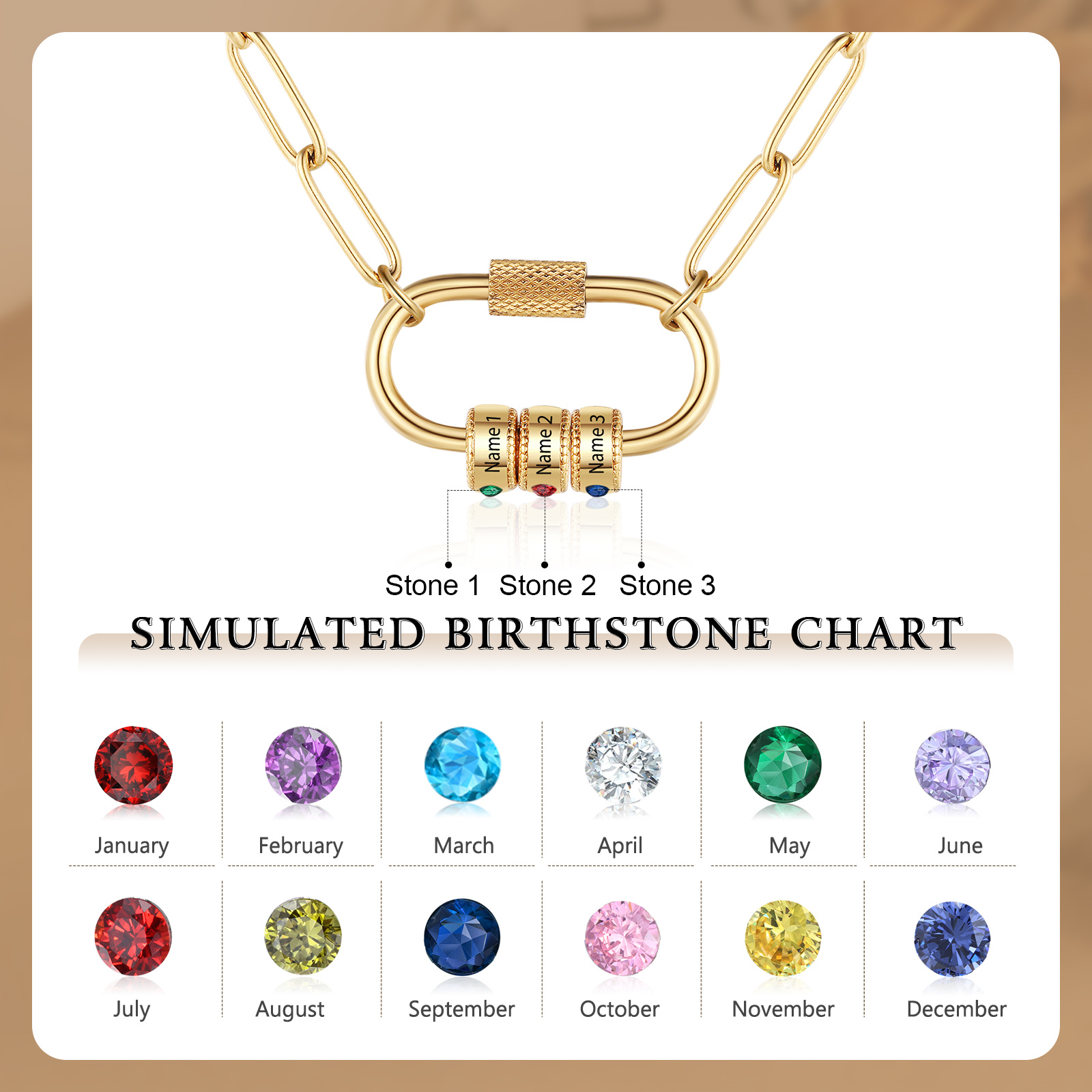 3 Names Personalized Birthstone Name Necklace – Custom Stainless Steel Chain with 3 Engraved Beads, Gold or Silver | Lorajewel