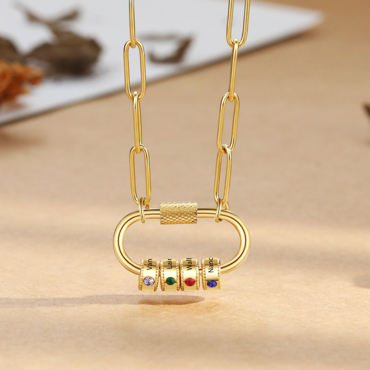 4 Names Personalized Birthstone Name Necklace – Custom Stainless Steel Chain with 4 Engraved Beads, Gold or Silver | Lorajewel