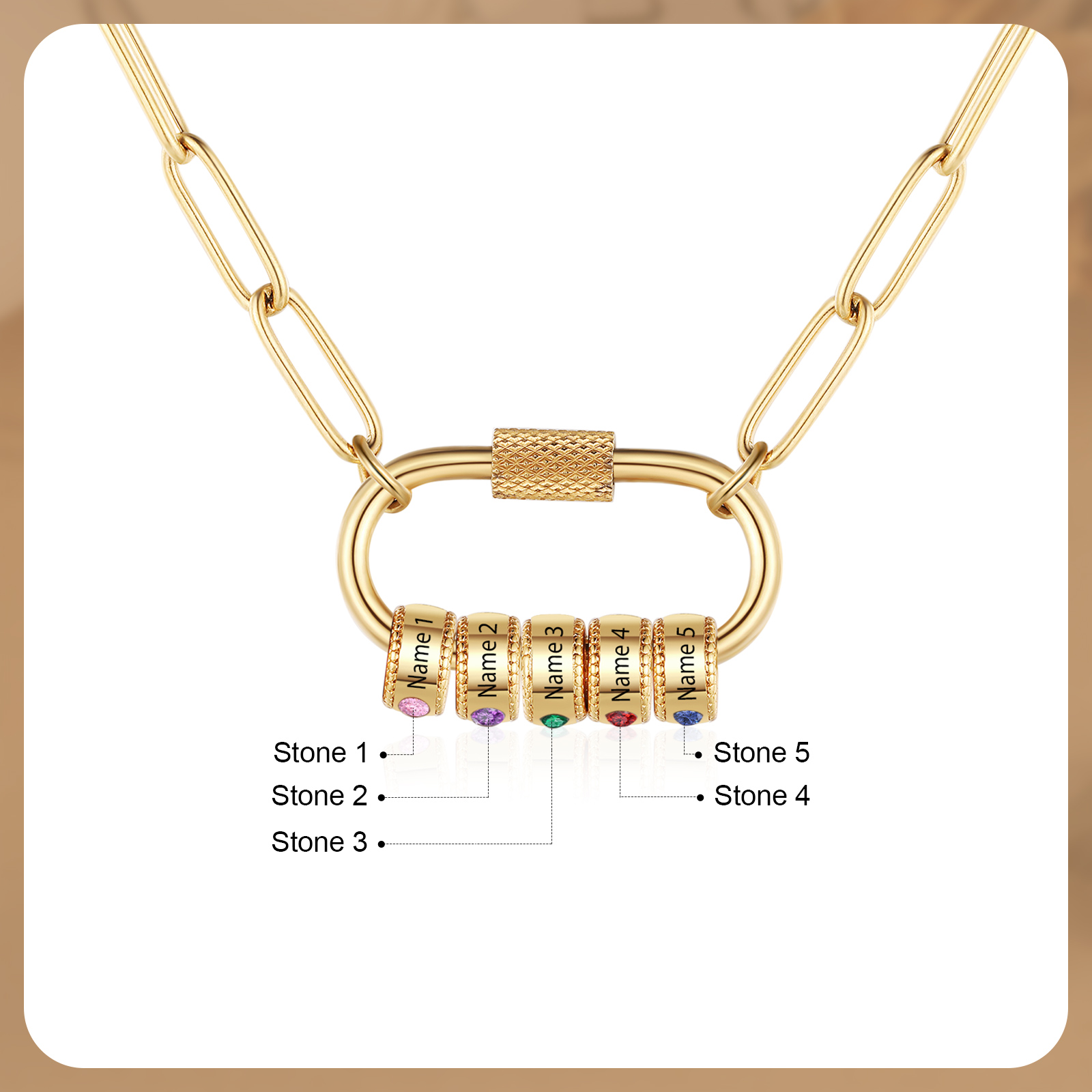 5 Names Personalized Birthstone Name Necklace – Custom Stainless Steel Chain with 5 Engraved Beads, Gold or Silver | Lorajewel