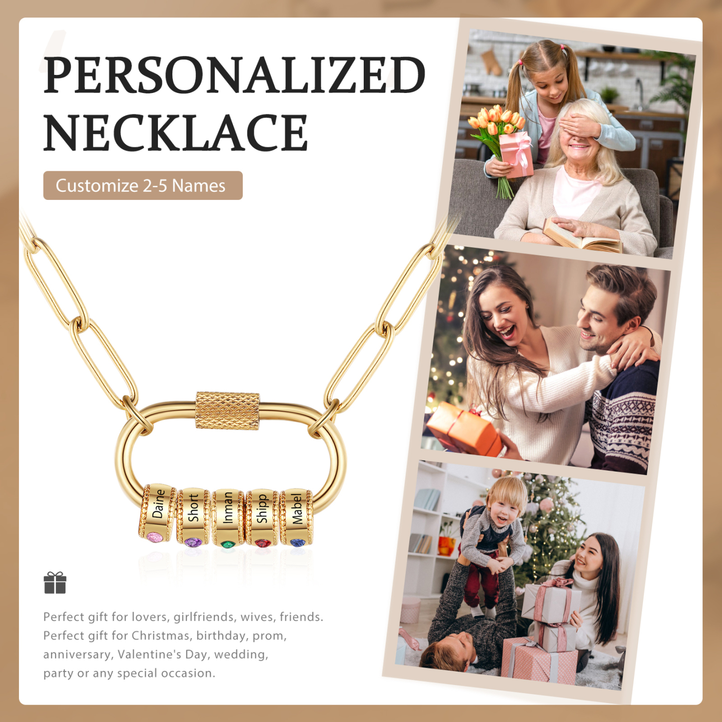 5 Names Personalized Birthstone Name Necklace – Custom Stainless Steel Chain with 5 Engraved Beads, Gold or Silver | Lorajewel