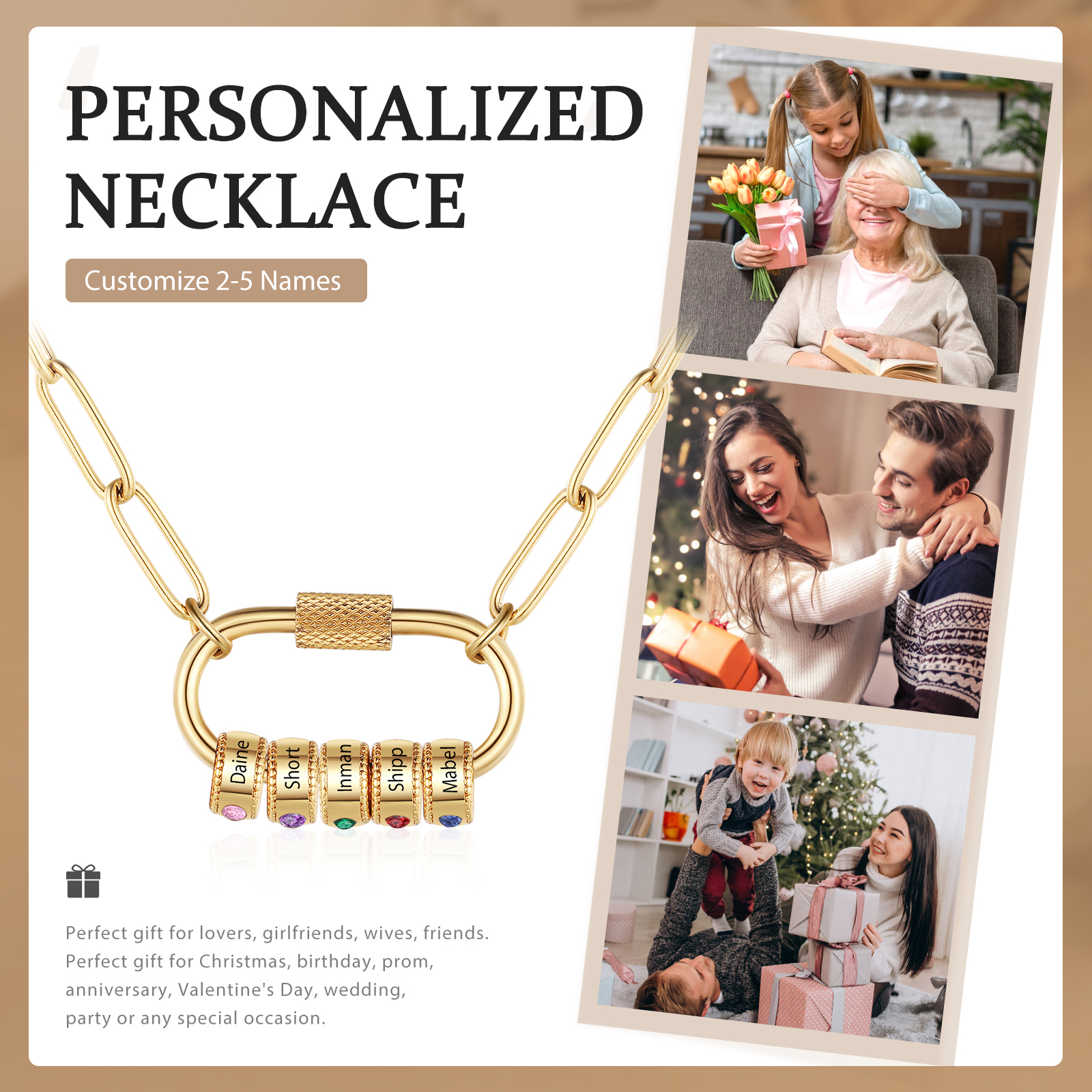 5 Names Personalized Birthstone Name Necklace – Custom Stainless Steel Chain with 5 Engraved Beads, Gold or Silver | Lorajewel