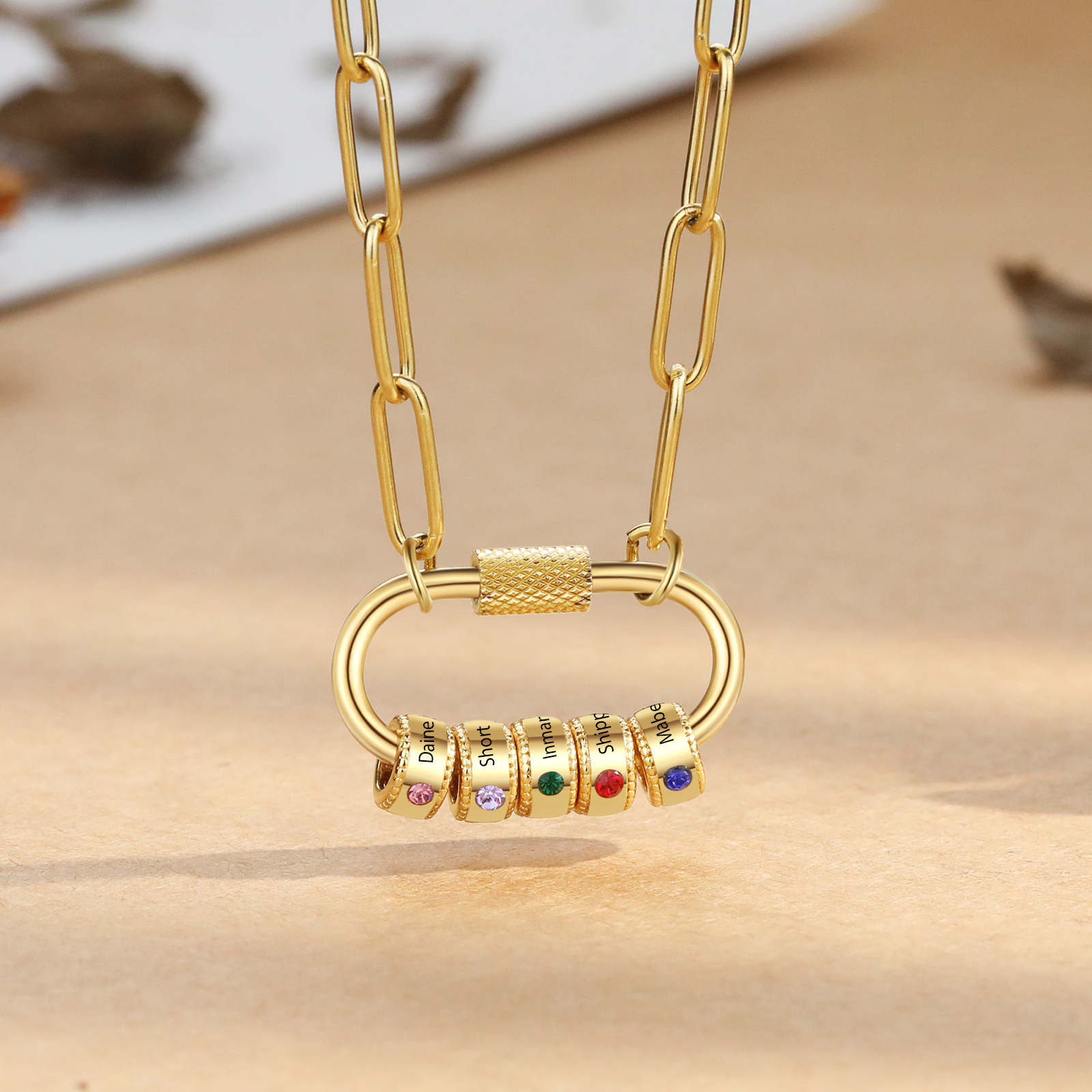 5 Names Personalized Birthstone Name Necklace – Custom Stainless Steel Chain with 5 Engraved Beads, Gold or Silver | Lorajewel