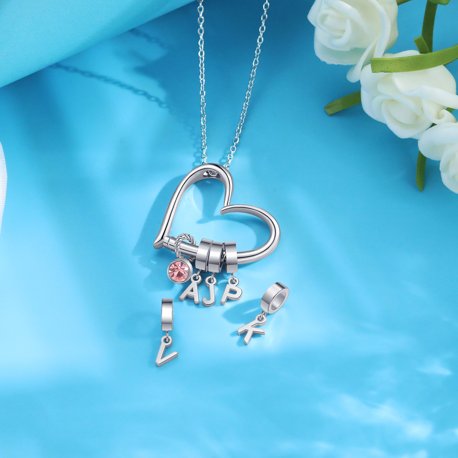 Custom Heart Necklace with 4 Names & 1 Birthstone – Family Personalized Necklace Gift for Women | Lorajewel