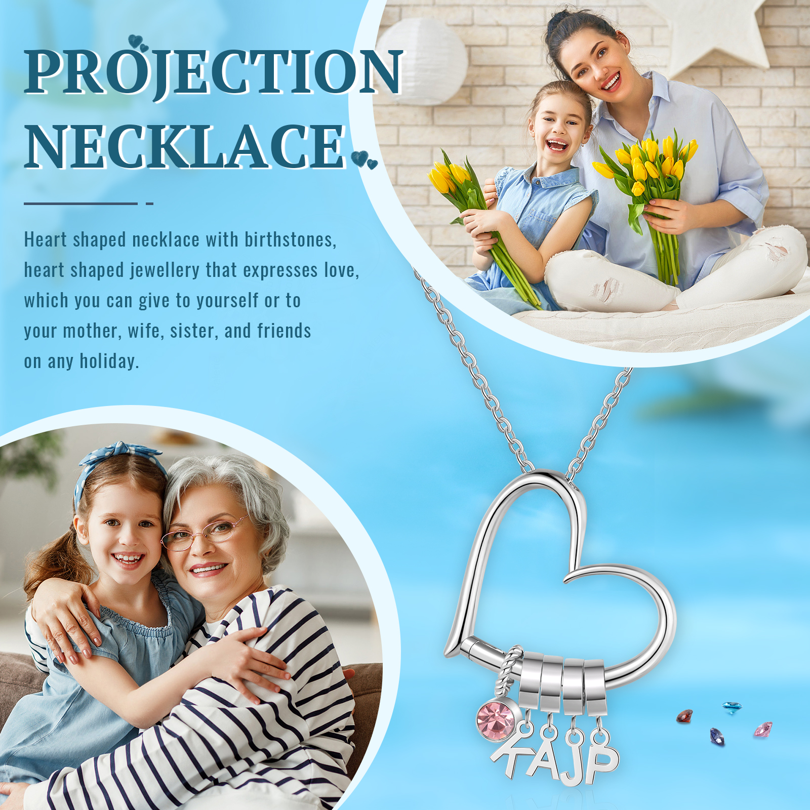 Custom Heart Necklace with 4 Names & 1 Birthstone – Family Personalized Necklace Gift for Women | Lorajewel