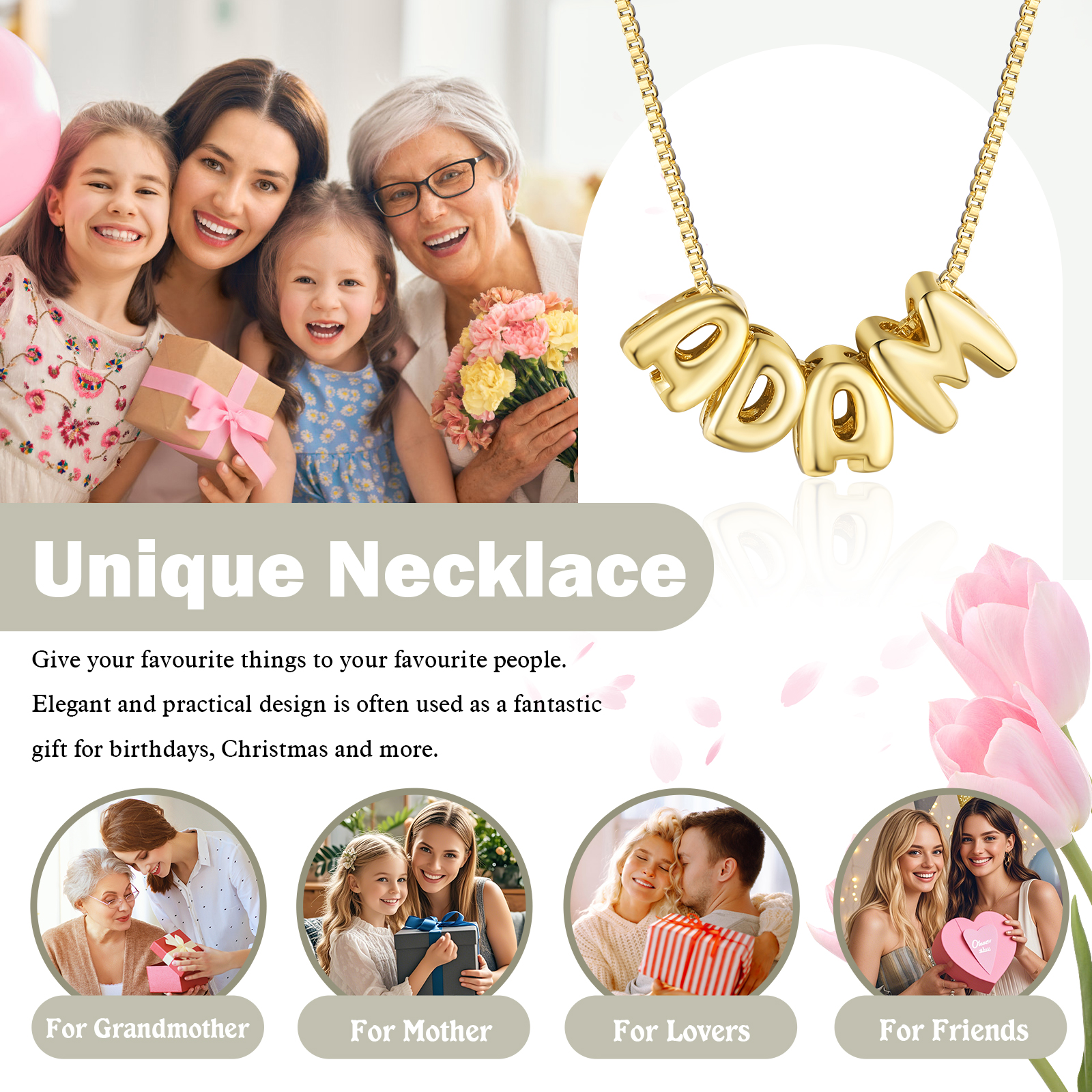 Personalized Gold 4 Letters Necklace – Custom Name Pendant Gift for Family or Friends | Lorajewel