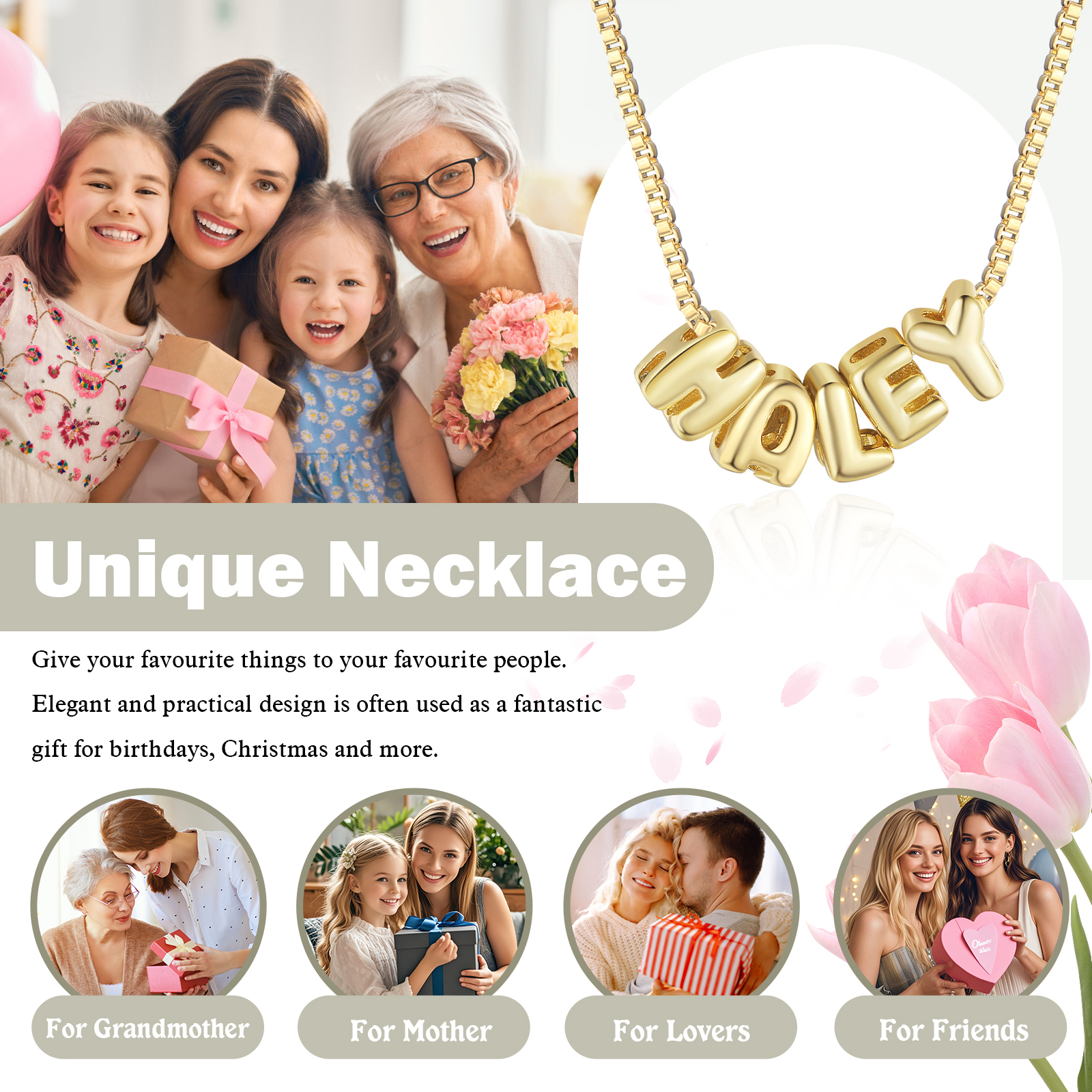 Personalized Gold 5 Letters Necklace – Custom Name Pendant Gift for Family or Friends | Lorajewel