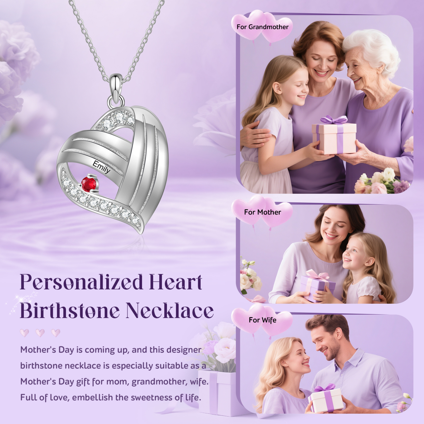 Personalized Heart Charm Necklace with 1 Name & 1 Birthstone Gift For Women | Lorajewel