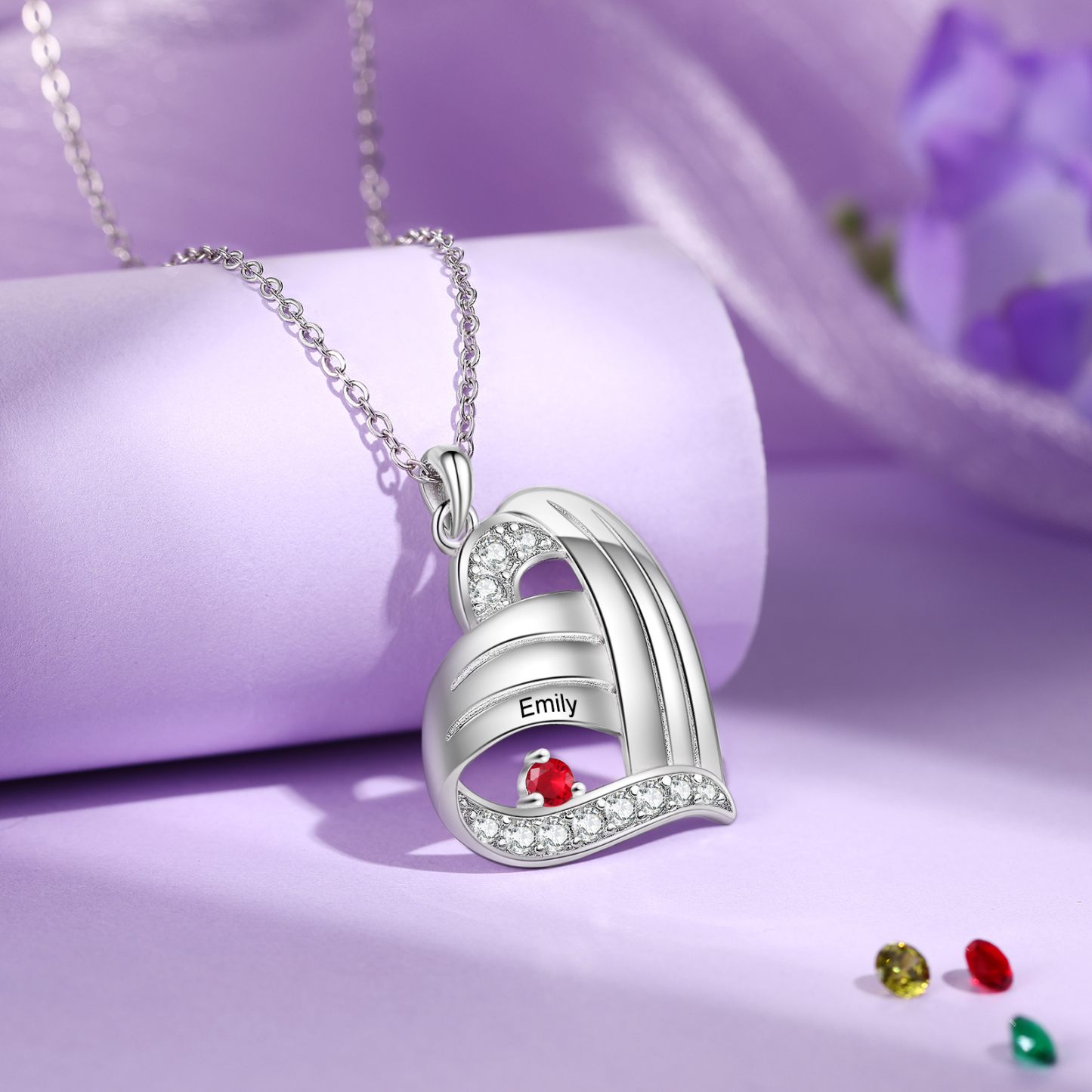 Personalized Heart Charm Necklace with 1 Name & 1 Birthstone Gift For Women | Lorajewel