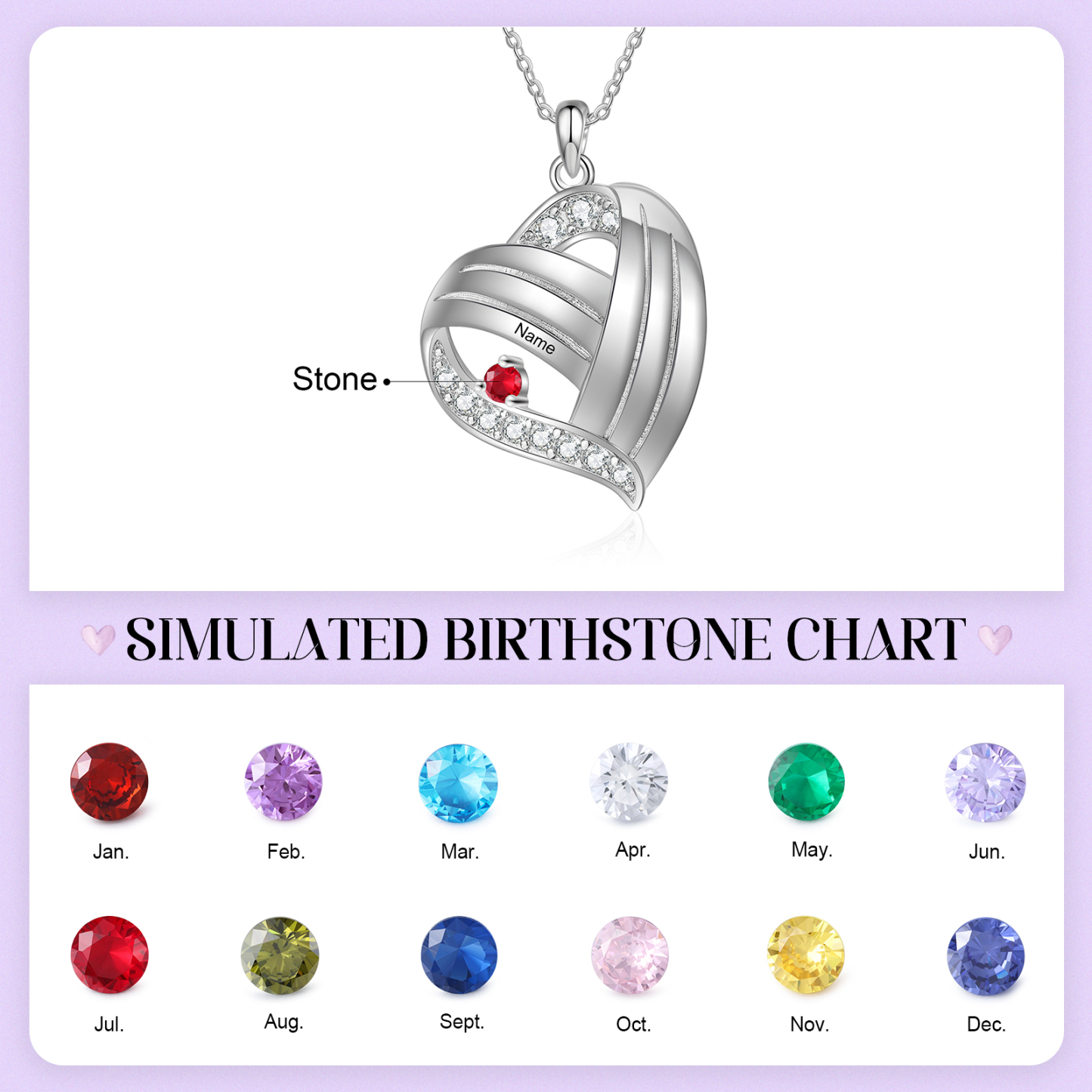 Personalized Heart Charm Necklace with 1 Name & 1 Birthstone Gift For Women | Lorajewel