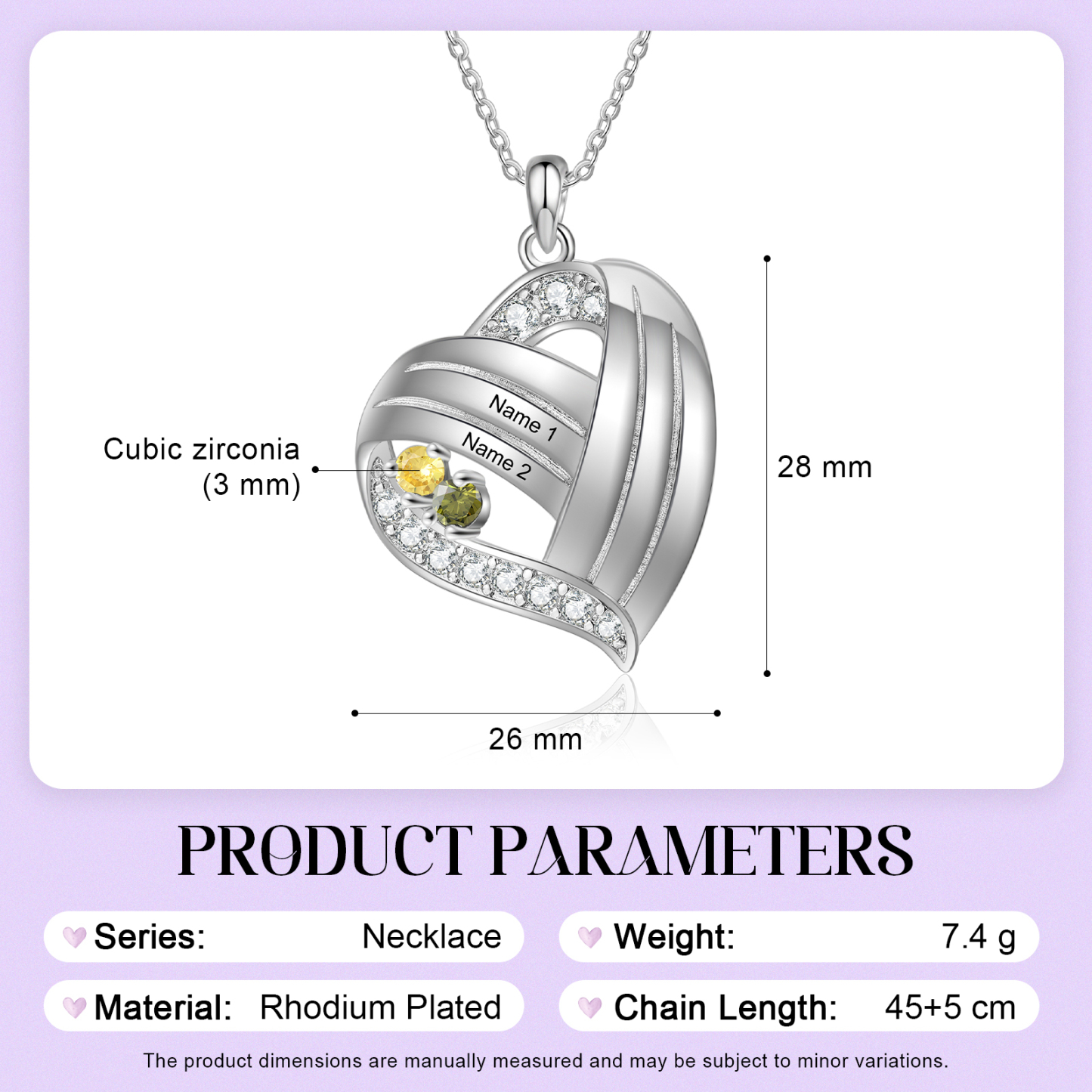 Personalized Heart Charm Necklace with 2 Names & 2 Birthstones Gift For Women | Lorajewel