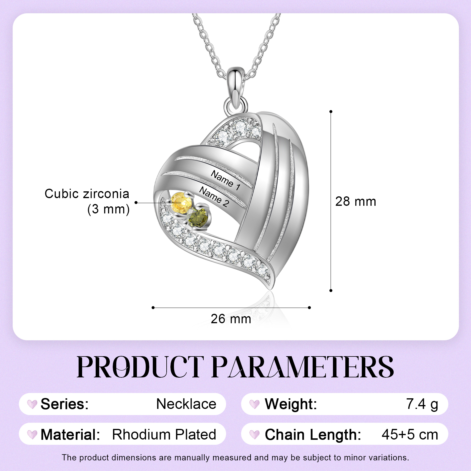 Personalized Heart Charm Necklace with 2 Names & 2 Birthstones Gift For Women | Lorajewel