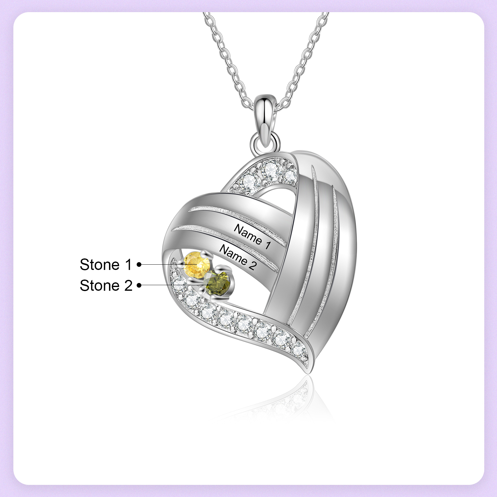 Personalized Heart Charm Necklace with 2 Names & 2 Birthstones Gift For Women | Lorajewel