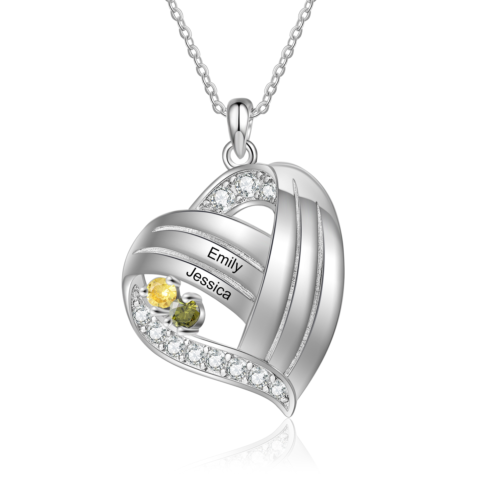 Personalized Heart Charm Necklace with 2 Names & 2 Birthstones Gift For Women | Lorajewel