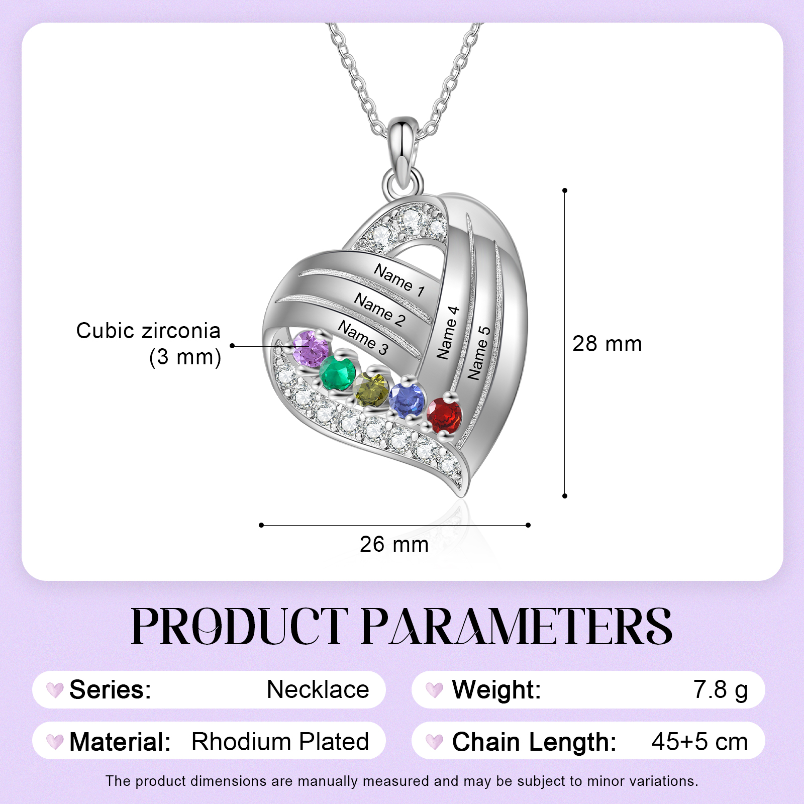 Personalized Heart Charm Necklace with 5 Names & 5 Birthstones Gift For Women | Lorajewel