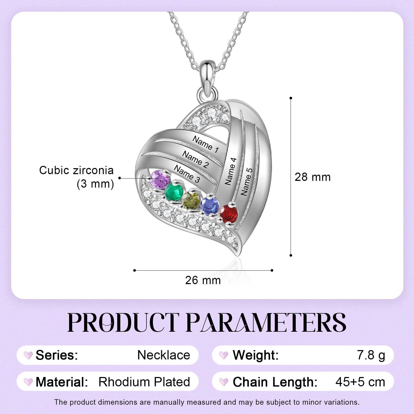 Personalized Heart Charm Necklace with 5 Names & 5 Birthstones Gift For Women | Lorajewel