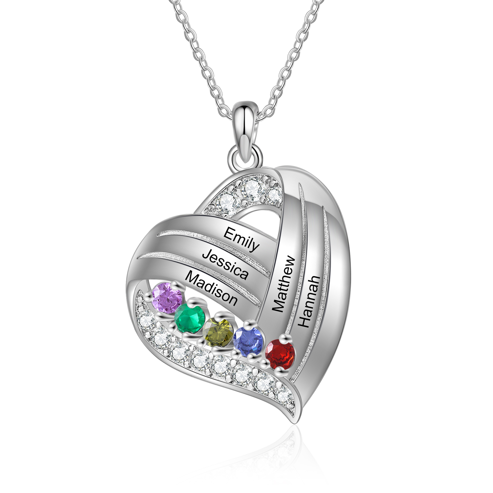 Personalized Heart Charm Necklace with 5 Names & 5 Birthstones Gift For Women | Lorajewel