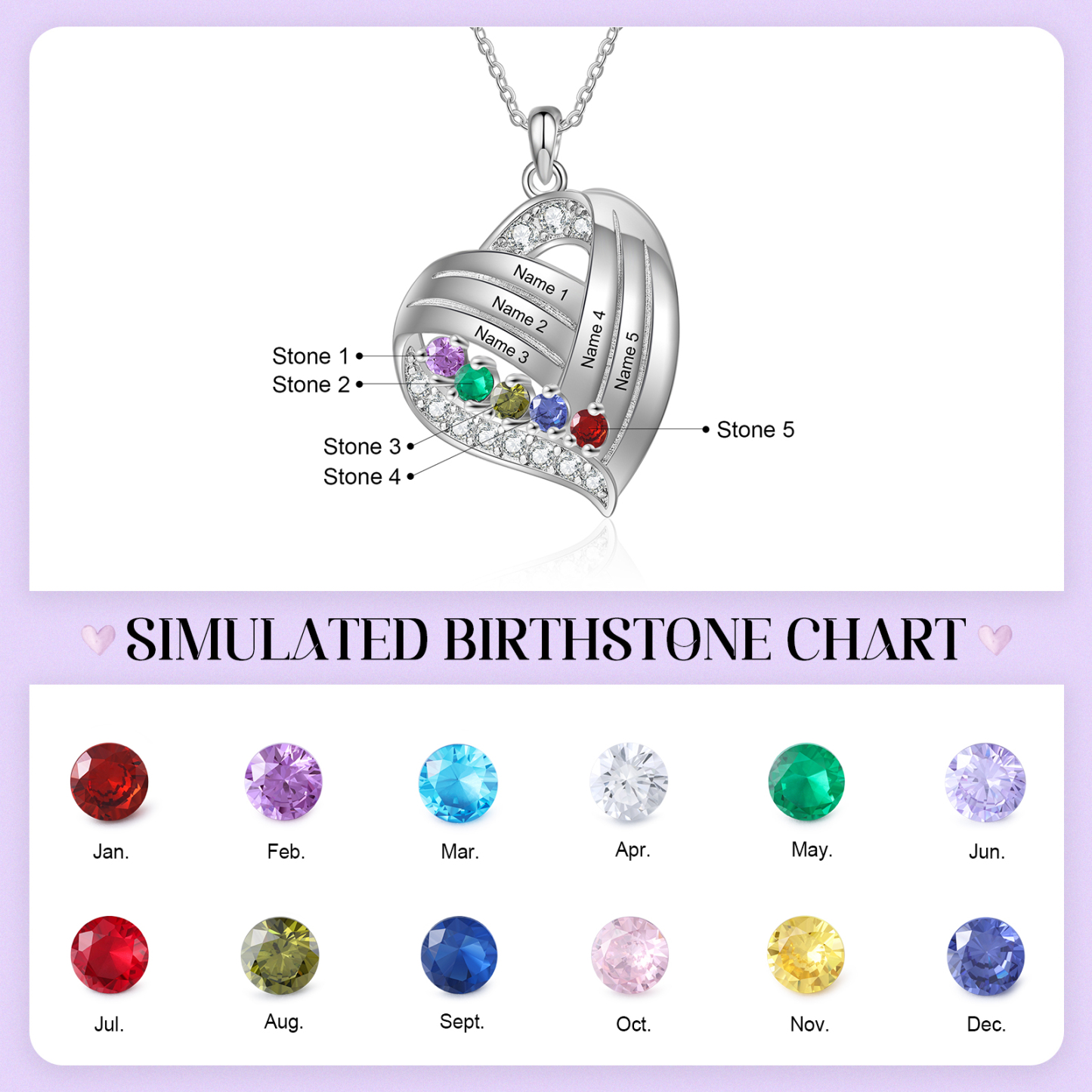 Personalized Heart Charm Necklace with 5 Names & 5 Birthstones Gift For Women | Lorajewel