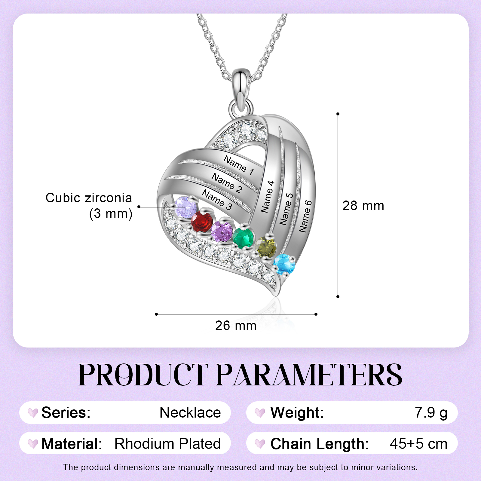 Personalized Heart Charm Necklace with 6 Names & 6 Birthstones Gift For Women | Lorajewel
