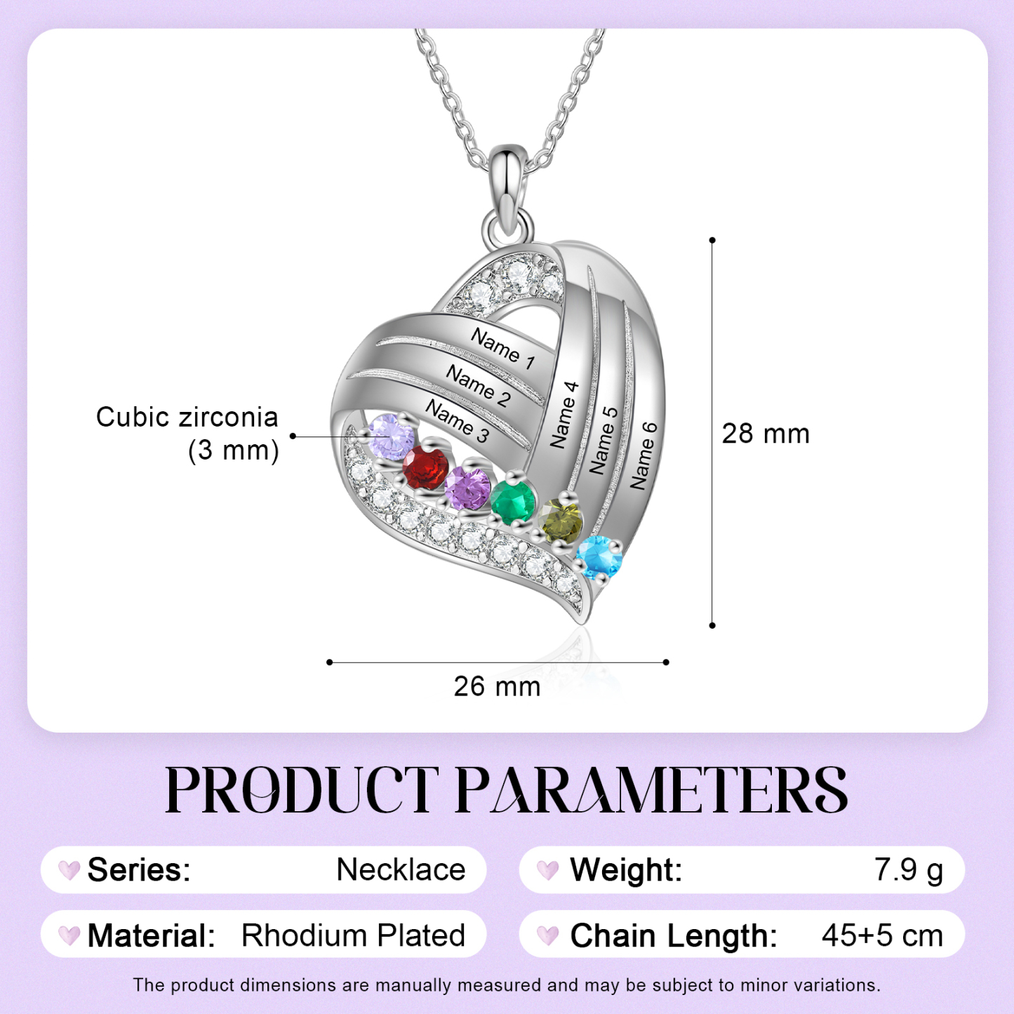 Personalized Heart Charm Necklace with 6 Names & 6 Birthstones Gift For Women | Lorajewel