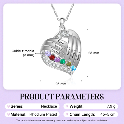 Personalized Heart Charm Necklace with 6 Names & 6 Birthstones Gift For Women | Lorajewel