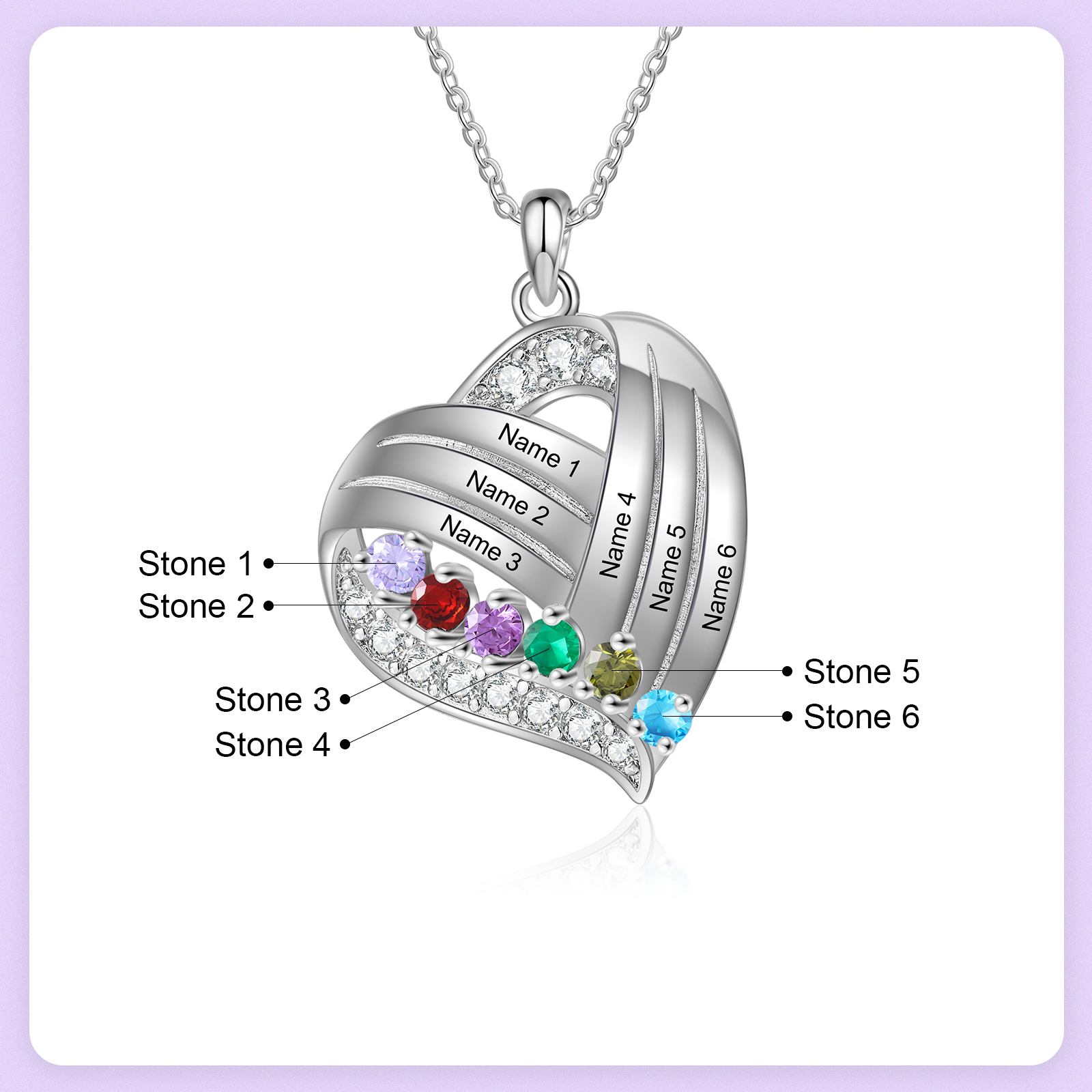 Personalized Heart Charm Necklace with 6 Names & 6 Birthstones Gift For Women | Lorajewel