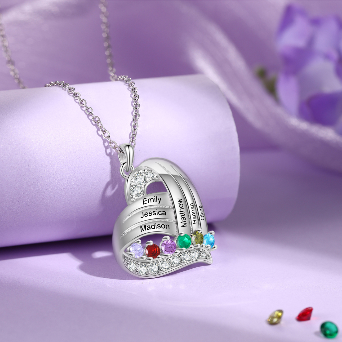 Personalized Heart Charm Necklace with 6 Names & 6 Birthstones Gift For Women | Lorajewel
