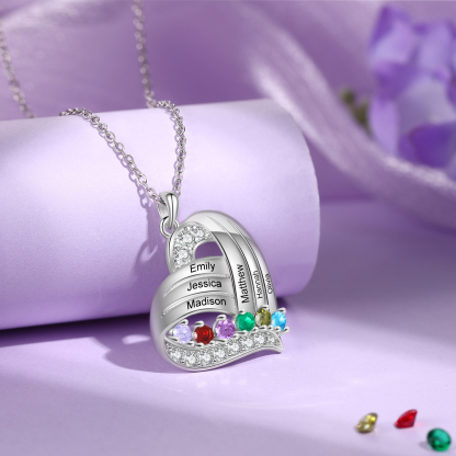 Personalized Heart Charm Necklace with 6 Names & 6 Birthstones Gift For Women | Lorajewel