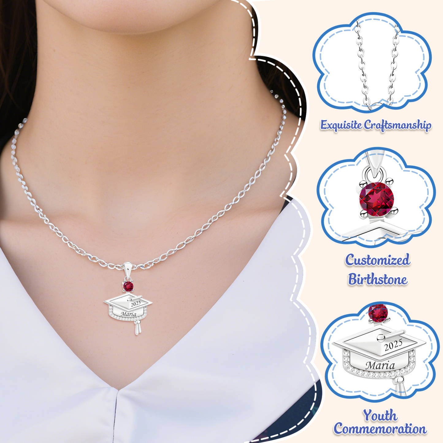 Personalized Graduation Necklace with Name & Birthstone - Graduation Box Set Gift | Lorajewel