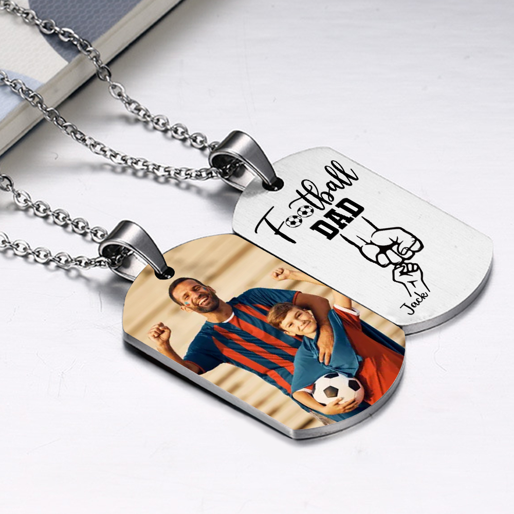 Personalized Football Dad Photo Necklace – Custom Fist Bump Pendant with 1 Children’s Names | Lorajewel