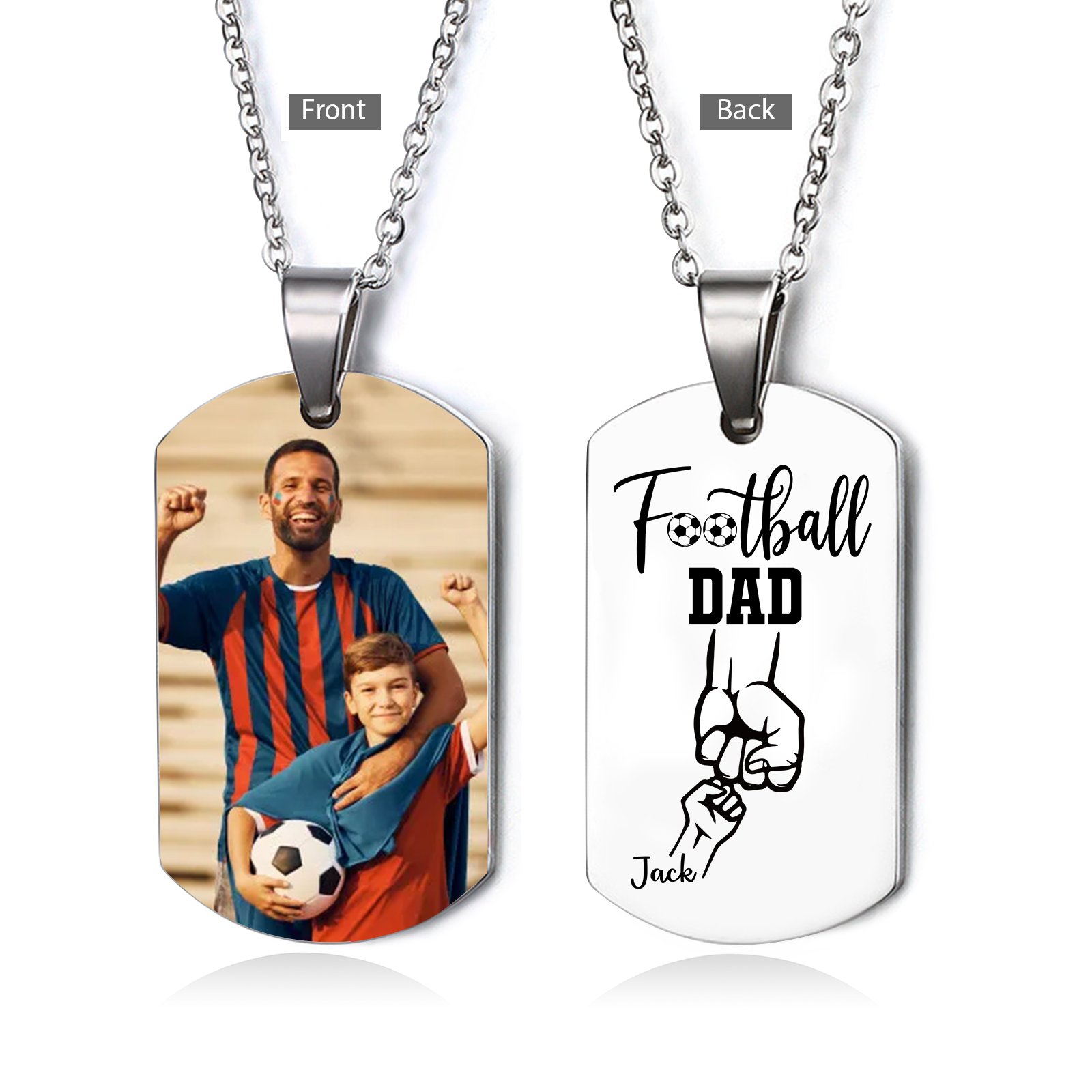 Personalized Football Dad Photo Necklace – Custom Fist Bump Pendant with 1 Children’s Names | Lorajewel
