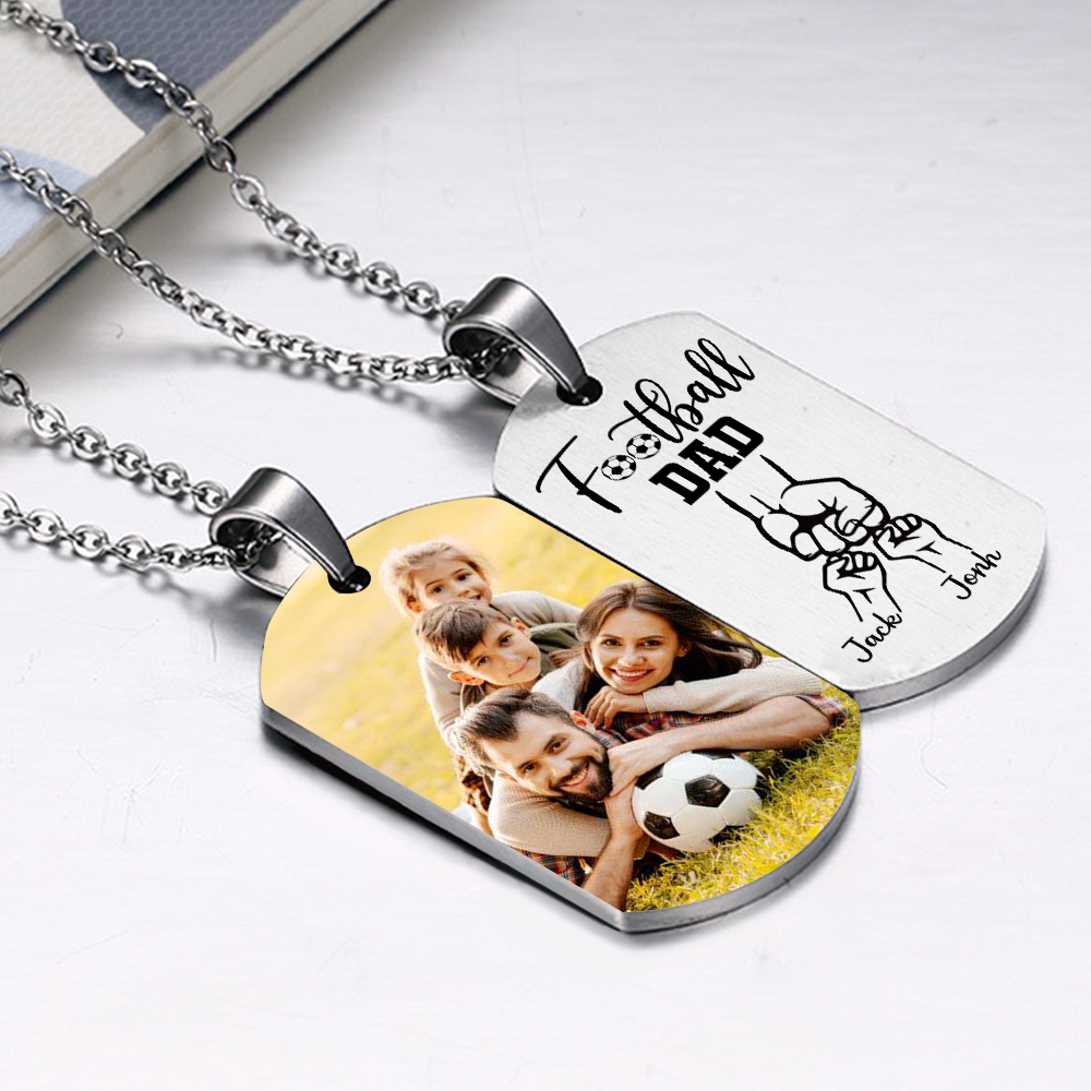 Personalized Football Dad Photo Necklace – Custom Fist Bump Pendant with 2 Kids' Names | Lorajewel