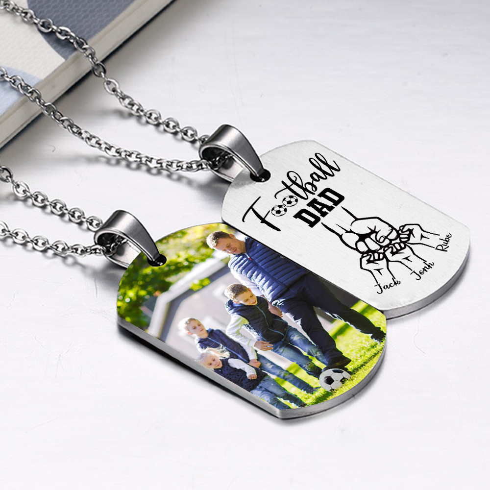 Personalized Football Dad Photo Necklace – Custom Fist Bump Pendant with 3 Kids' Names | Lorajewel