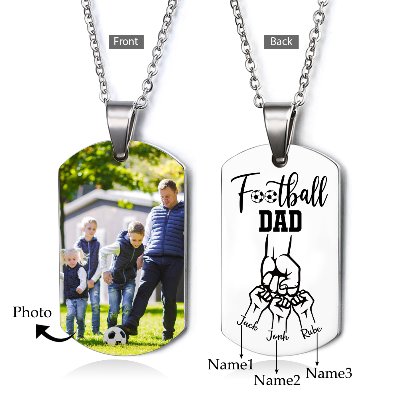 Personalized Football Dad Photo Necklace – Custom Fist Bump Pendant with 3 Kids' Names | Lorajewel