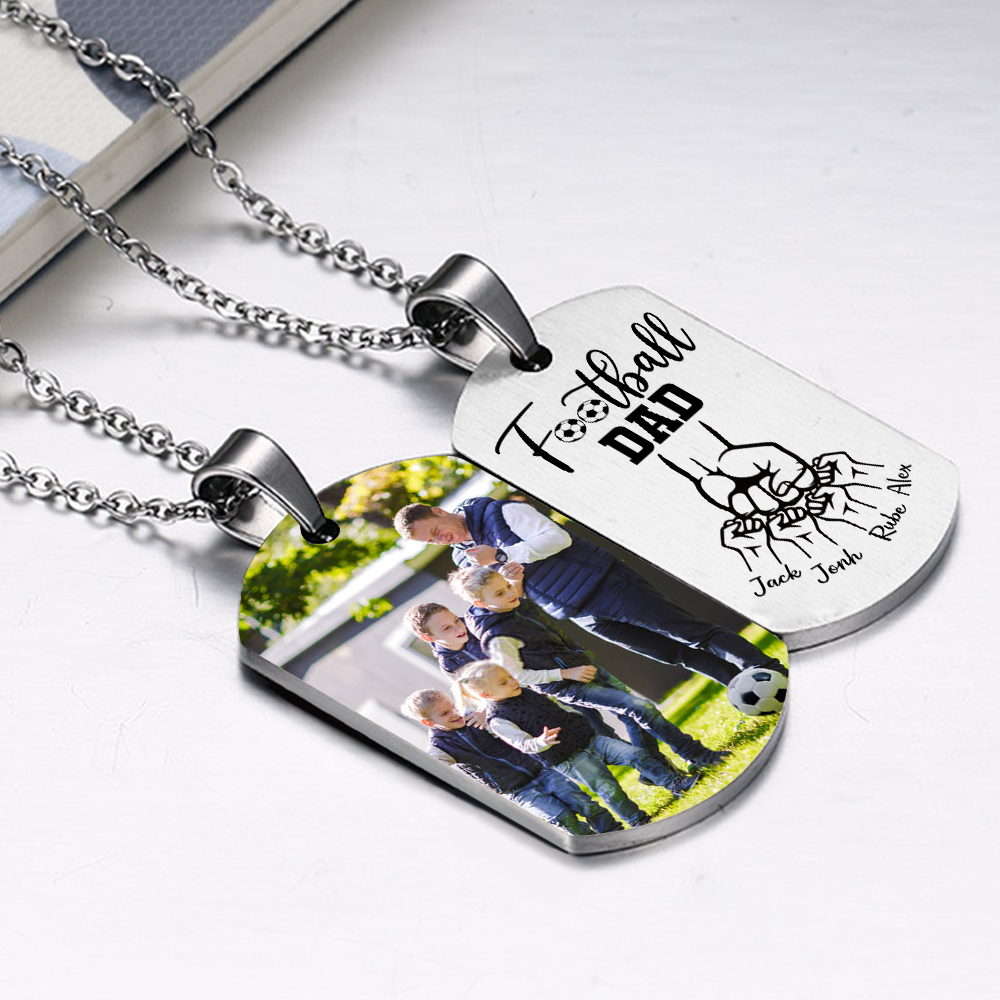 Personalized Football Dad Photo Necklace – Custom Fist Bump Pendant with 4 Kids' Names | Lorajewel