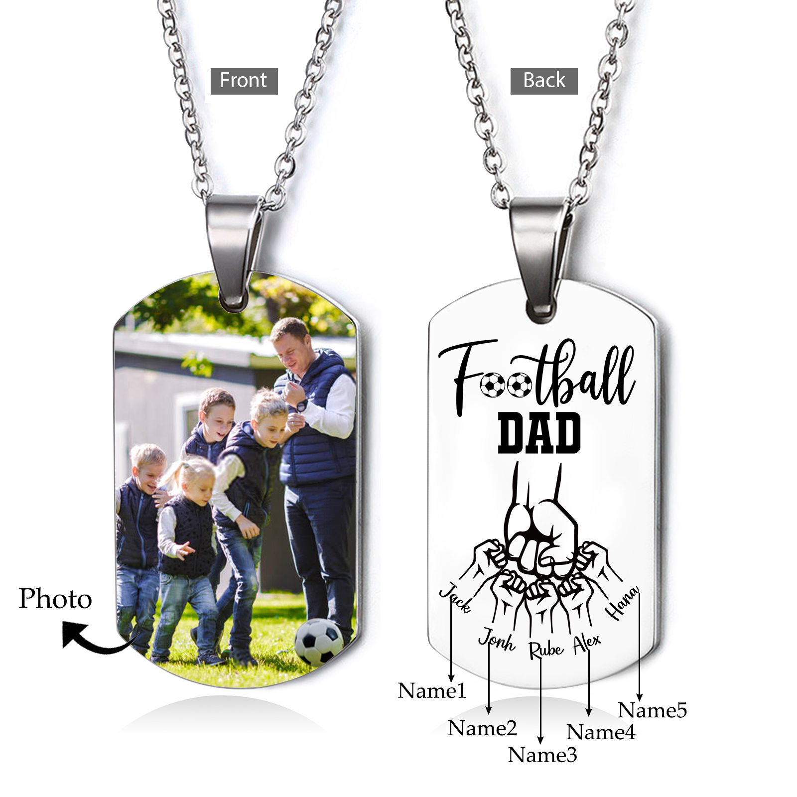 Personalized Football Dad Photo Necklace – Custom Fist Bump Pendant with 5 Kids' Names | Lorajewel