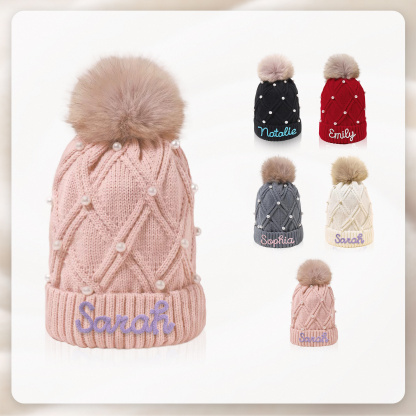 Personalized Name Embroidered Pearl Knit Beanie